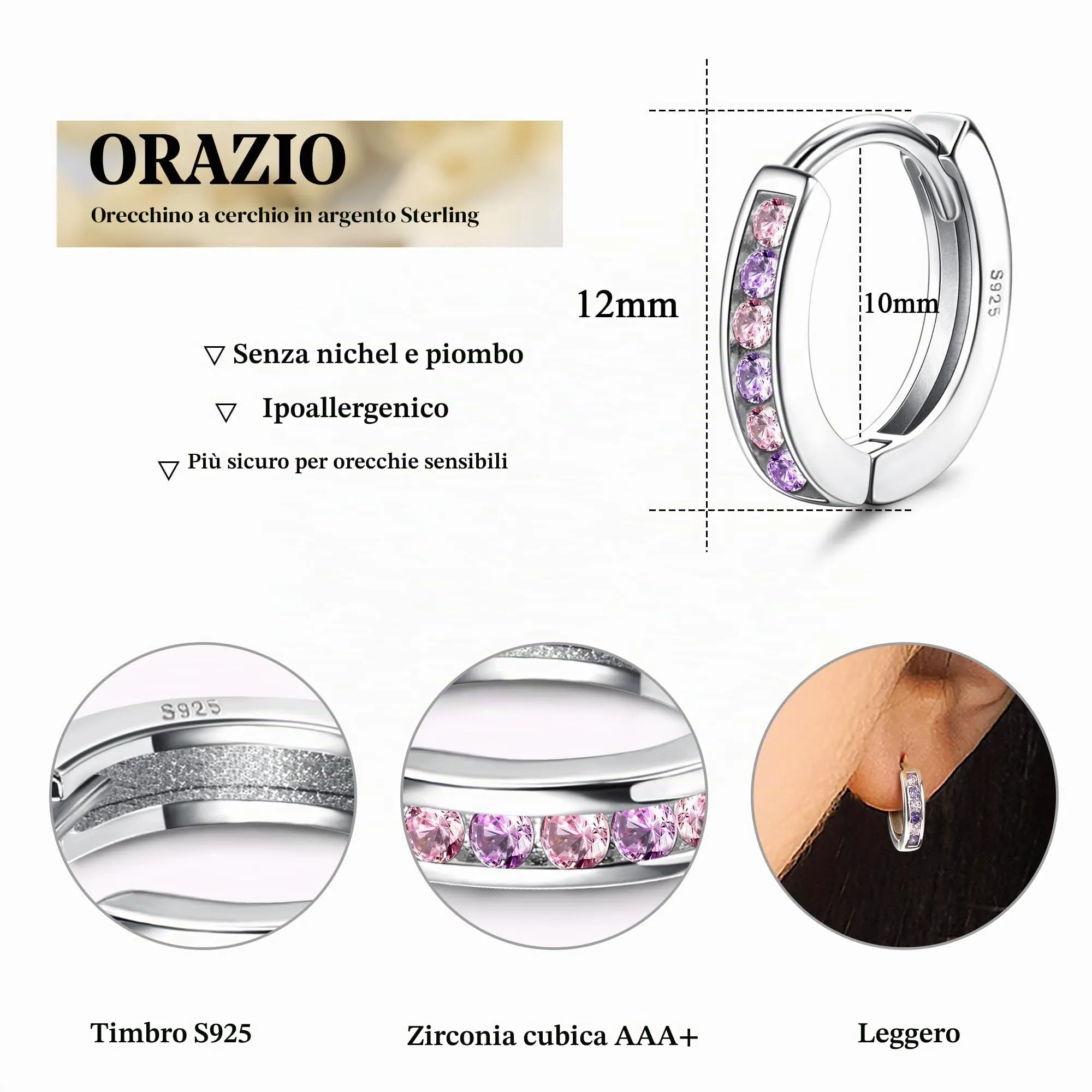 Orazio Orecchini a Cerchio Piccoli in con Perni in Argento 925 con Cubic - immagine 2
