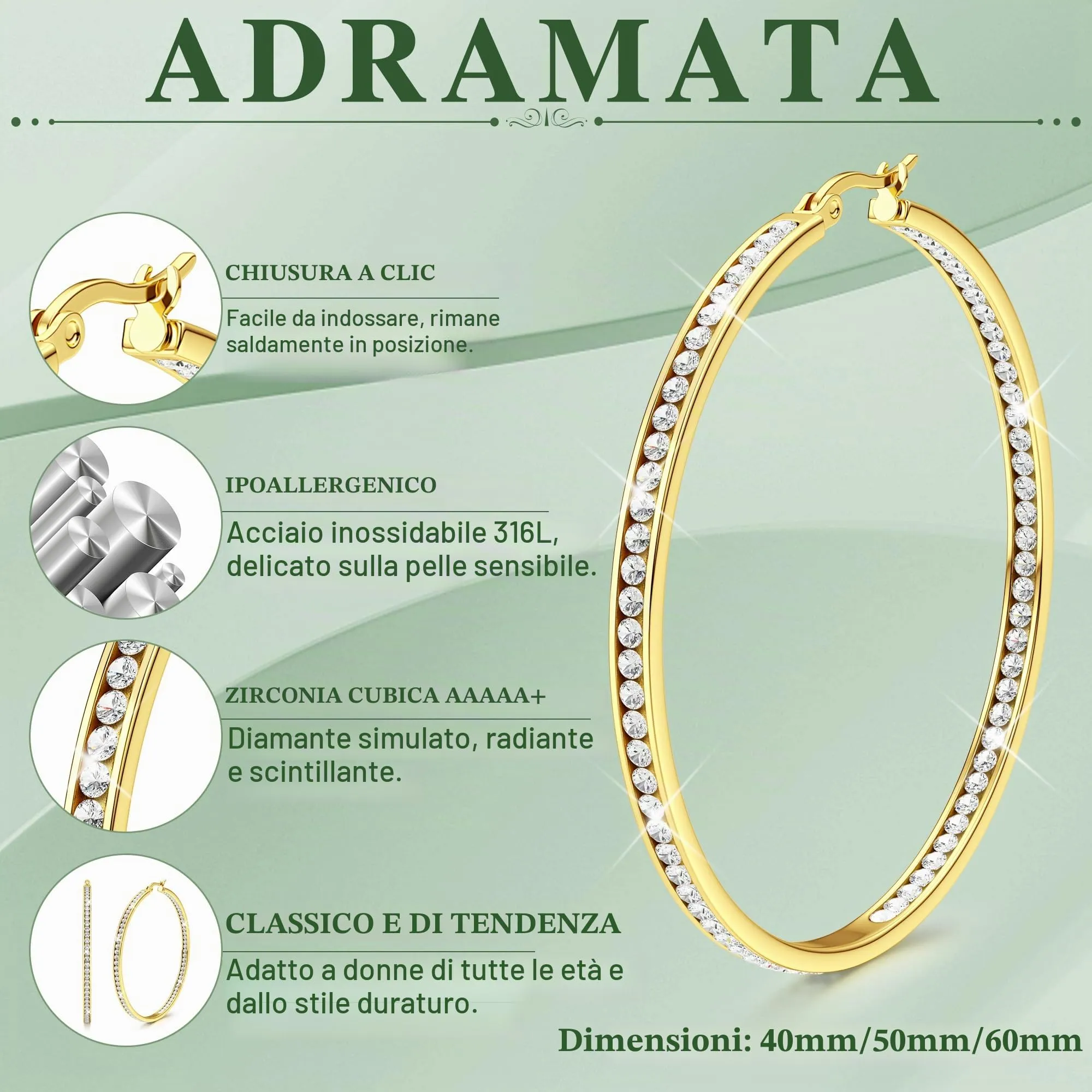 Adramata Orecchini Donna Orecchini Cerchio Zirconia Cubica Orecchino - immagine 2
