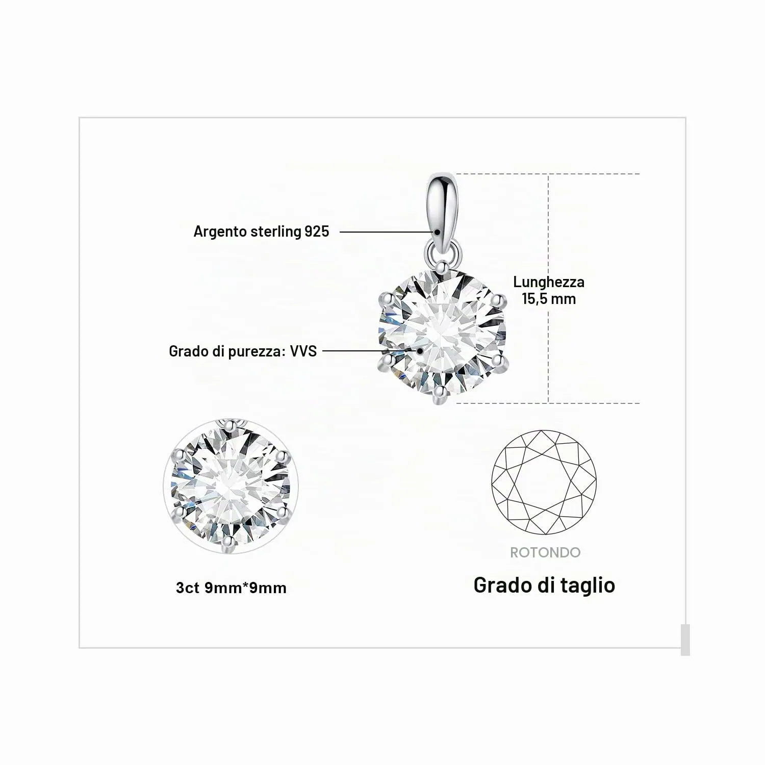 JewelryPalace 3ct Collana Solitario Donna Argento 925 con Cubica Zirconia, Collana Ciondolo Pietra a Taglio Rotondo con Catena Veneziana 45cm, Collane Pendenti in Argento Set Gioielli Donna - immagine 2