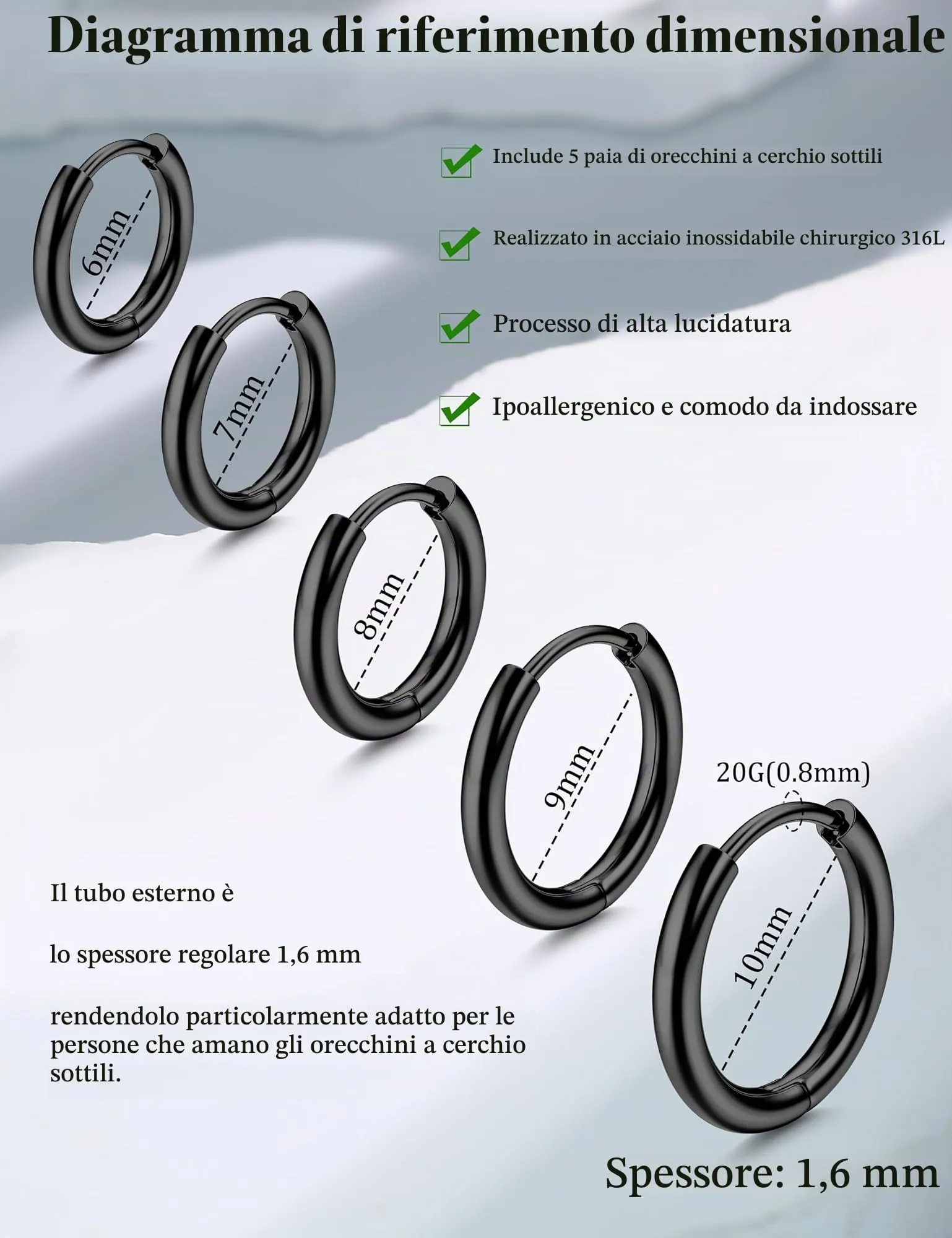 KRFY Piccoli Orecchini Cerchio per Donna Uomo Set acciaio inossidabile Cartilagine Huggie Orecchini 6/7/8/9/10MM Daith Helix Piercing Anello Gioielli Orecchini Dormienti a Cerniera Cerchi Color argento-b - immagine 2