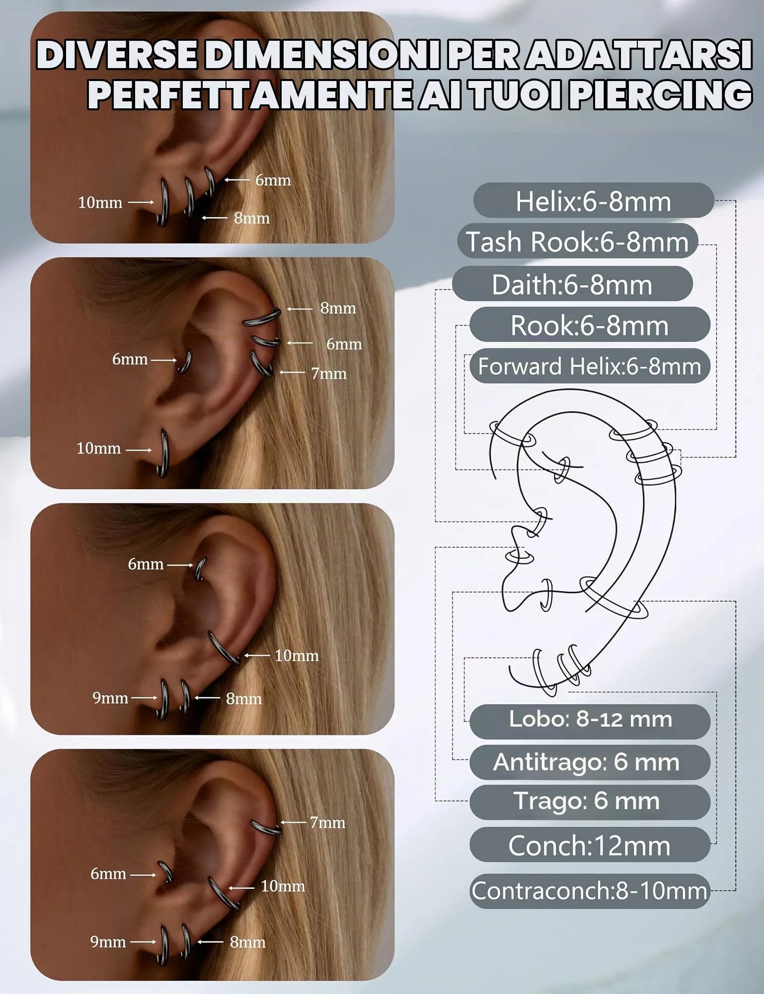 KRFY Piccoli Orecchini Cerchio per Donna Uomo Set acciaio inossidabile Cartilagine Huggie Orecchini 6/7/8/9/10MM Daith Helix Piercing Anello Gioielli Orecchini Dormienti a Cerniera Cerchi Color argento-b - immagine 4