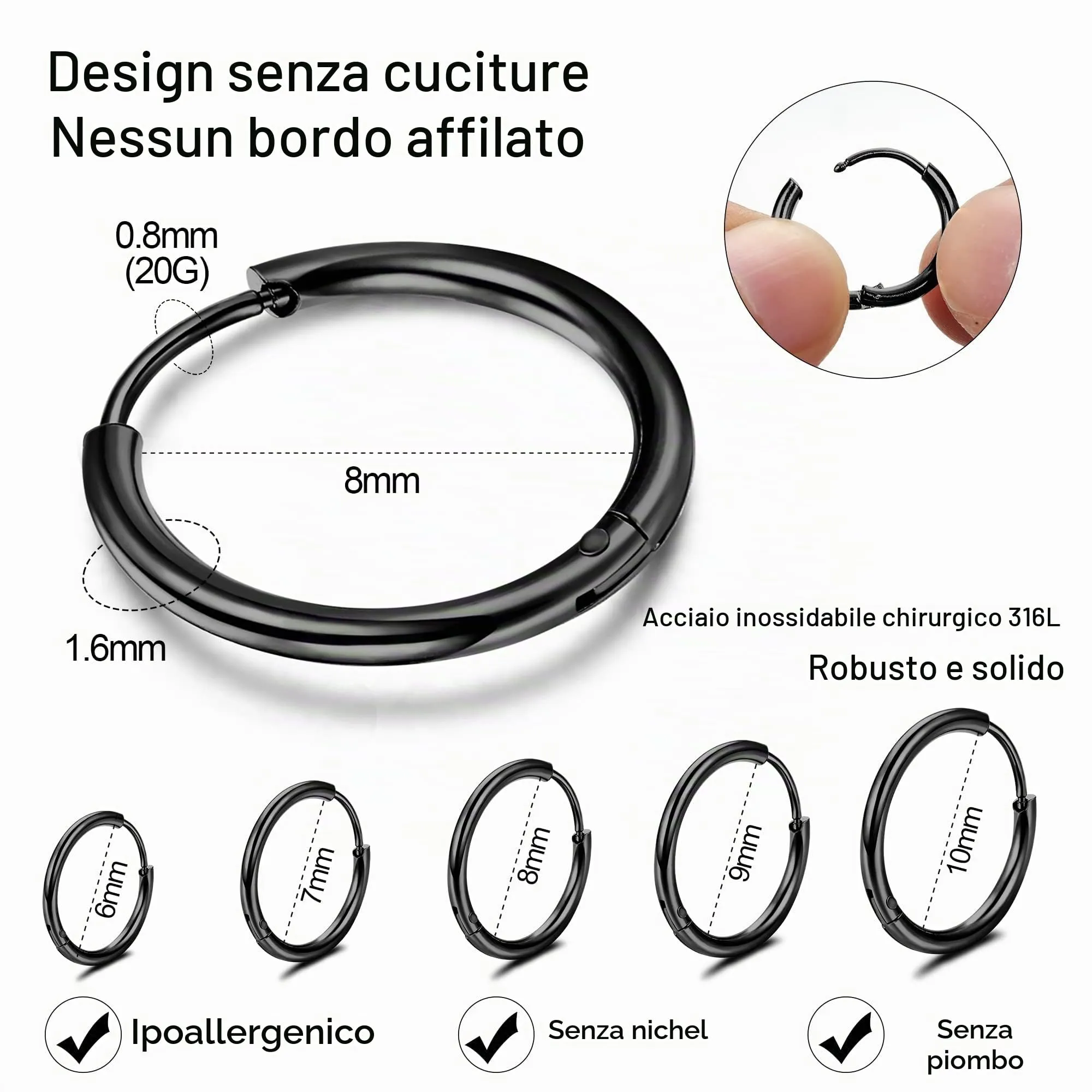 KRFY Piccoli Orecchini Cerchio per Donna Uomo Set acciaio inossidabile Cartilagine Huggie Orecchini 6/7/8/9/10MM Daith Helix Piercing Anello Gioielli Orecchini Dormienti a Cerniera Cerchi Color argento-b - immagine 7