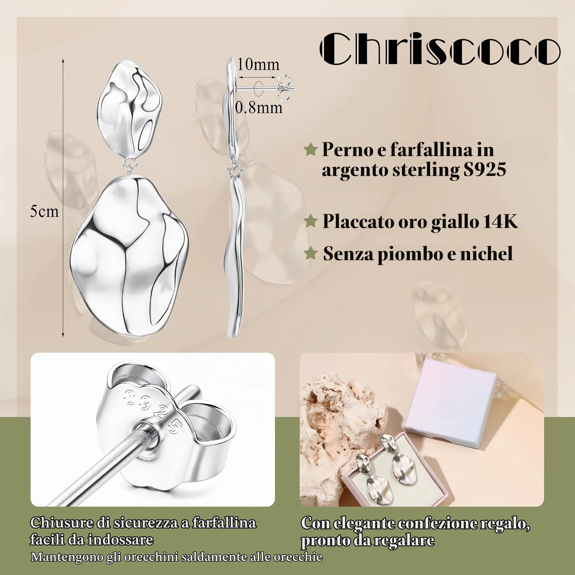 Chriscoco Orecchini Pendenti Donna con Perni argento 925 Orecchini Dorati - immagine 2
