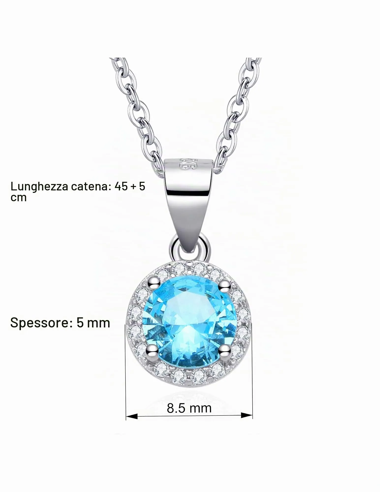 Dada Gioielli - Collana Rotondo 9mm Punto Luce Argento 925 Con Zirconi Brillanti Catenina 45+5cm (Azzurro Acquamarina) - immagine 6