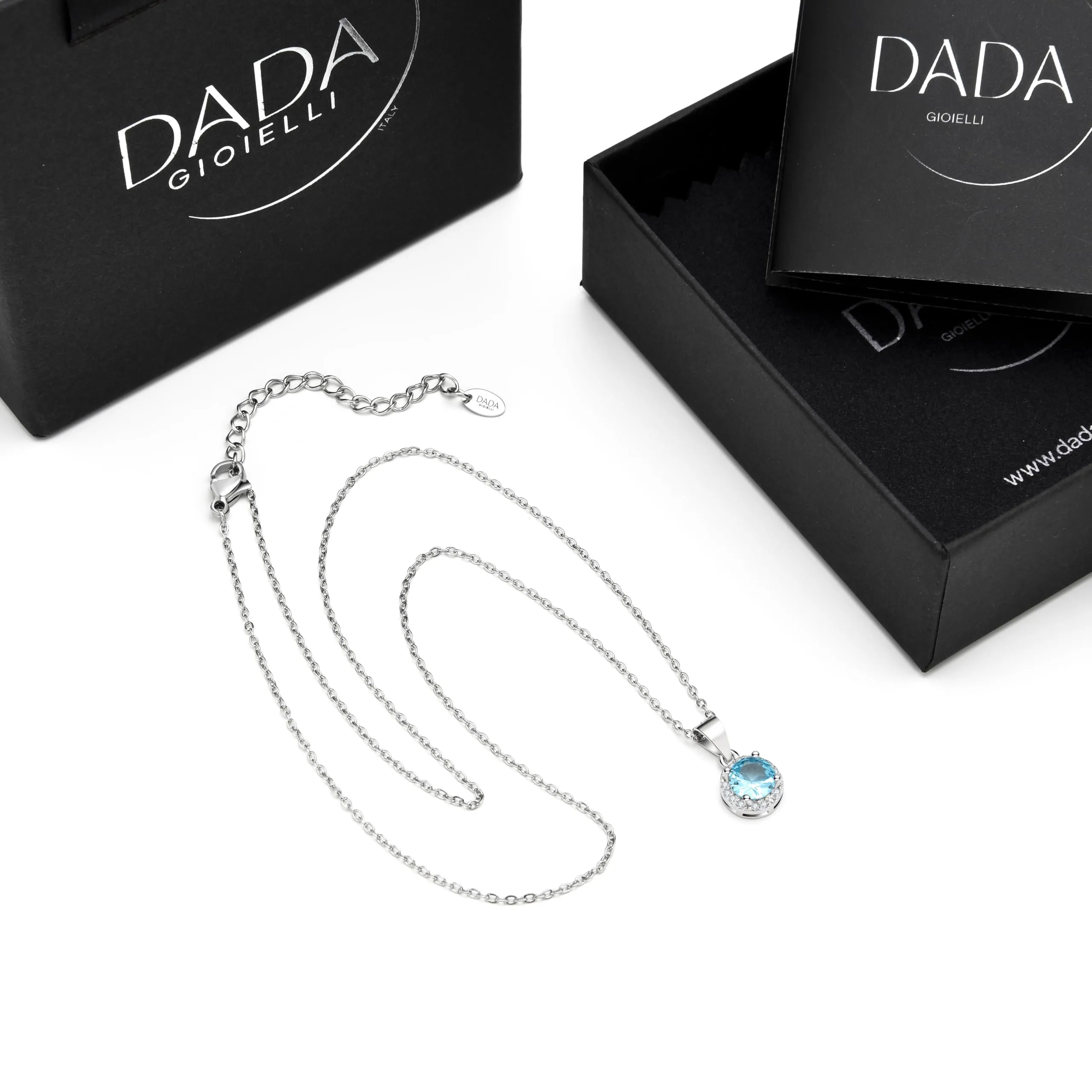 Dada Gioielli - Collana Rotondo 9mm Punto Luce Argento 925 Con Zirconi Brillanti Catenina 45+5cm (Azzurro Acquamarina) - immagine 7