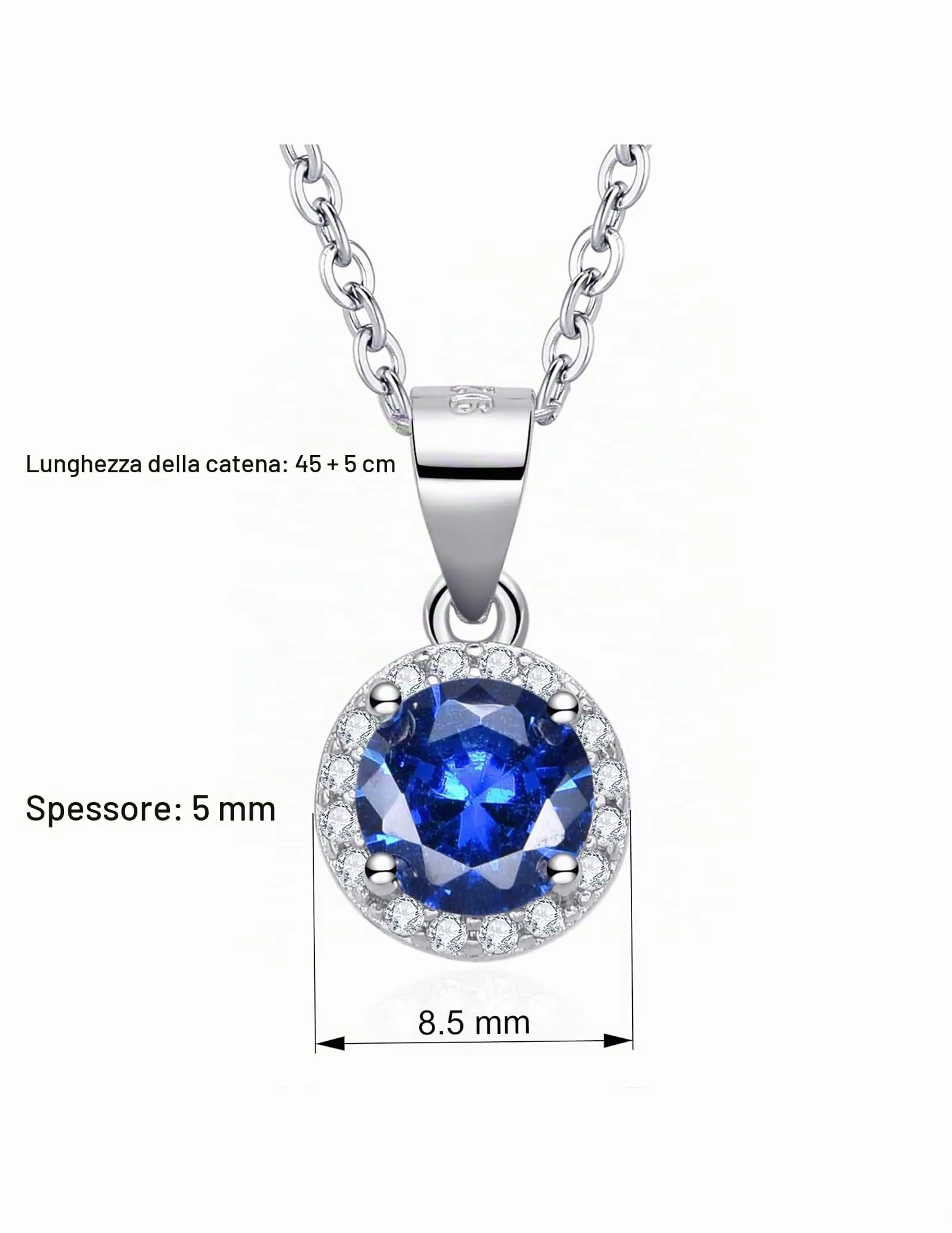 Dada Gioielli - Collana Rotondo 9mm Punto Luce Argento 925 Con Zirconi Brillanti Catenina 45+5cm (Blu Zaffiro) - immagine 6