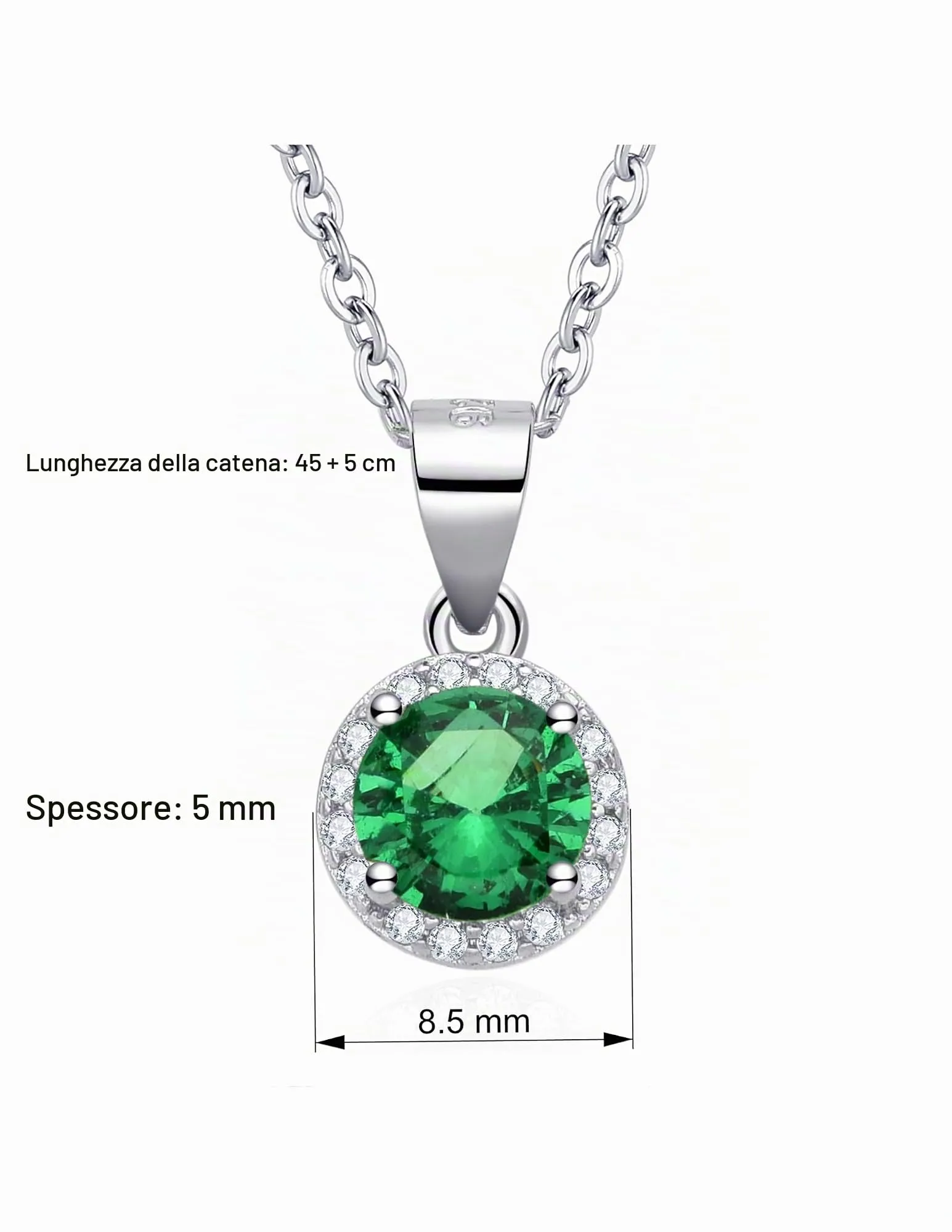 Dada Gioielli - Collana Rotondo 9mm Punto Luce Argento 925 Con Zirconi Brillanti Catenina 45+5cm (Verde Smeraldo) - immagine 6