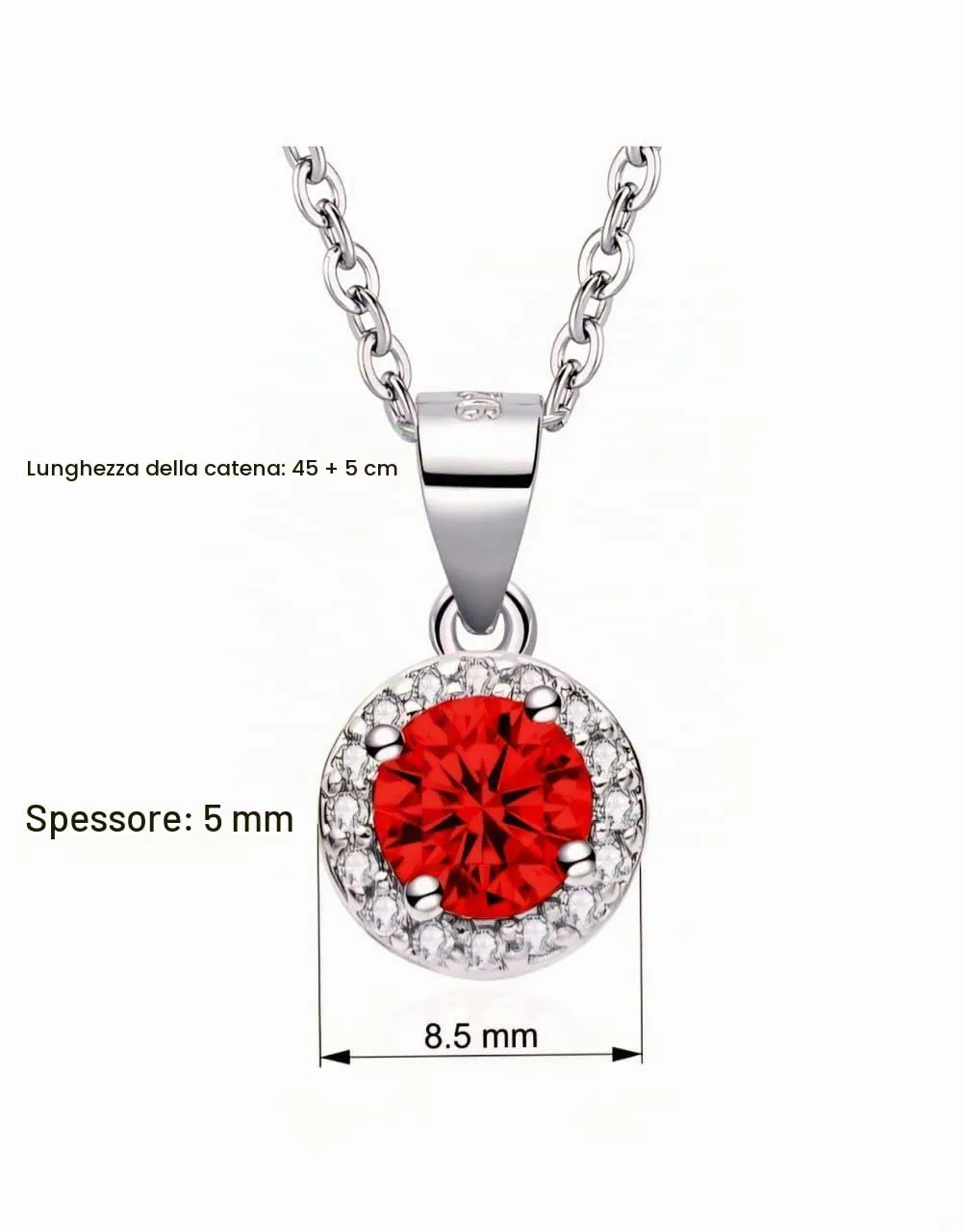 Dada Gioielli - Collana Rotondo 9mm Punto Luce Argento 925 Con Zirconi Brillanti Catenina 45+5cm (Rosso Rubino) - immagine 6