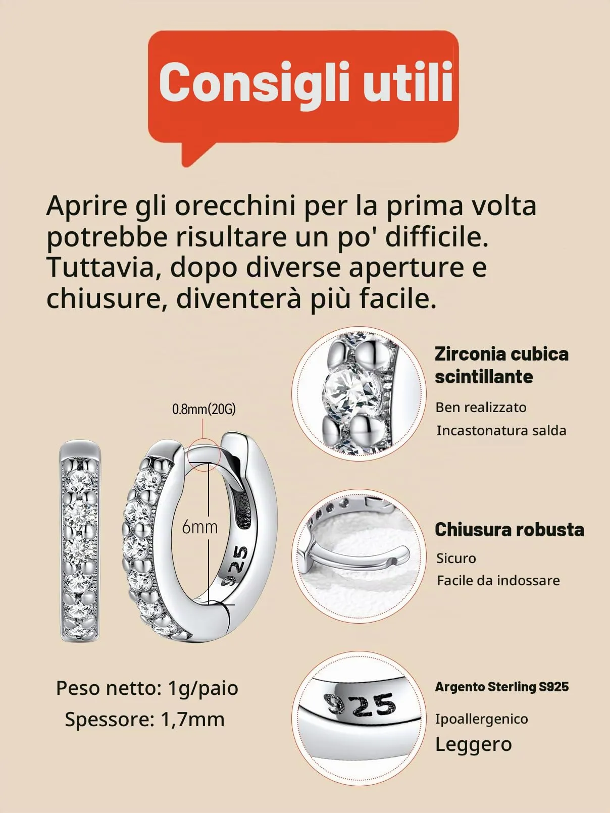FaithHeart Strass Orecchini Argento S925 6mm Orecchini a Cerchio Oro con Strass Zirconi Orecchini Minimalisti - immagine 4