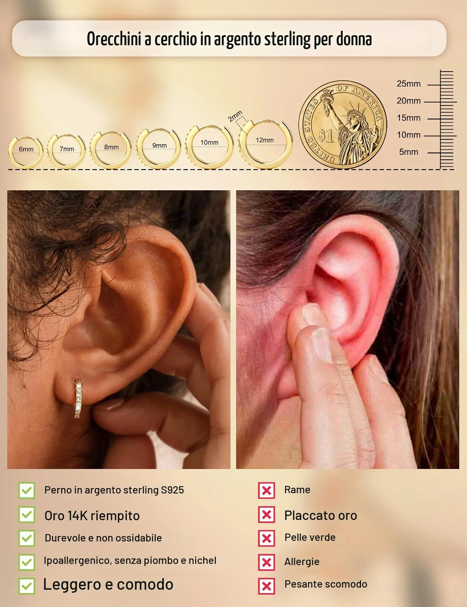 FANCH 6Paia Orecchini Cerchio Argento 925 per Donna Uomo Set Orecchini Cerchio Piccoli 14K Placcato Oro Cubic Zirconia Ipoallergenico Cartilage Daith Helix Piercing Orecchino 6/7/8/9/10/12mm Oro - immagine 2
