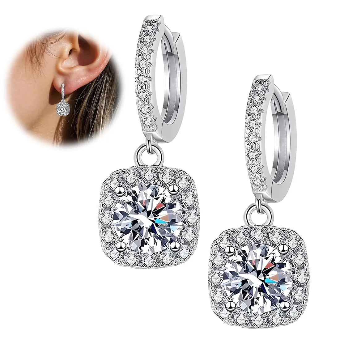 1 Paia Orecchini Pendenti in Moissanite per Donna, Orecchini Donna Argento 925, Diamante in Moissanite da 1 CT, Coltivato in Laboratorio, in Argento, Regalo di Gioielli - immagine 7