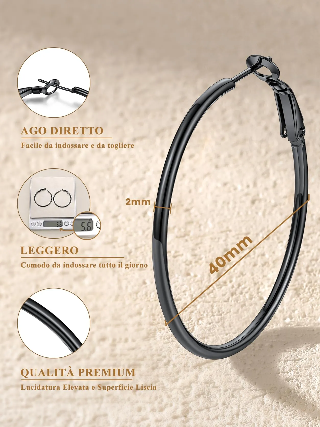 GoldChic Orecchini Cerchio Media 40mm Nero in Acciaio Inox - immagine 6
