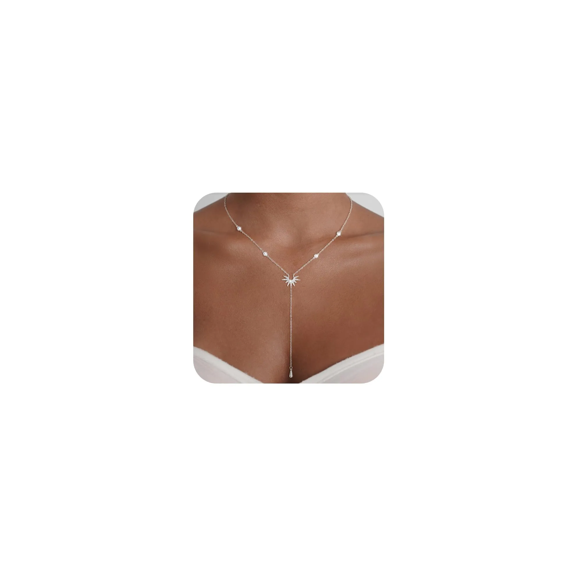 RIXERKOC Collana lunga a Y per Donna, Collane Lariat placcata in oro 14k con Pendente a forma di Sole Collana a Y in cristallo Dorato Gioiello Regalo per Donne e Ragazze (Argento) - immagine 1