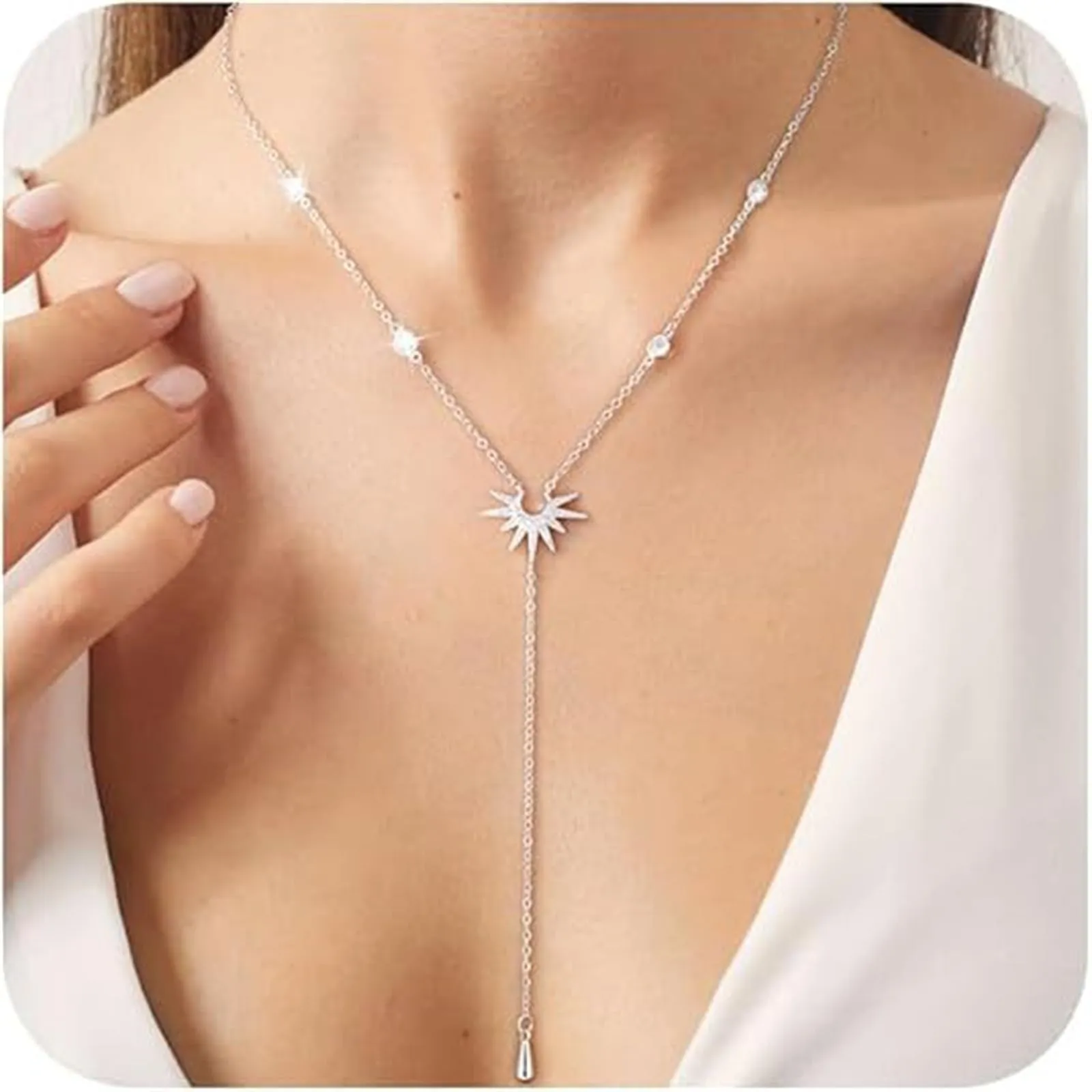 RIXERKOC Collana lunga a Y per Donna, Collane Lariat placcata in oro 14k con Pendente a forma di Sole Collana a Y in cristallo Dorato Gioiello Regalo per Donne e Ragazze (Argento) - immagine 4