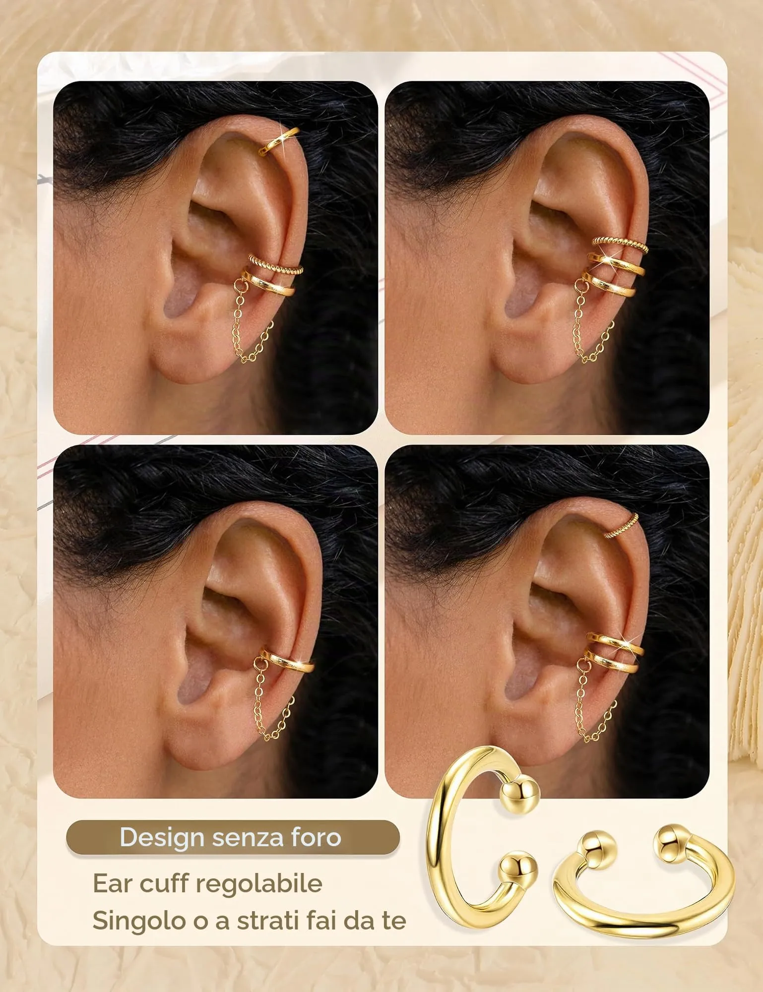 Chriscoco 3Pcs Ear Cuff Argento 925 Orecchini Senza Buco Donna Regolabile - immagine 3