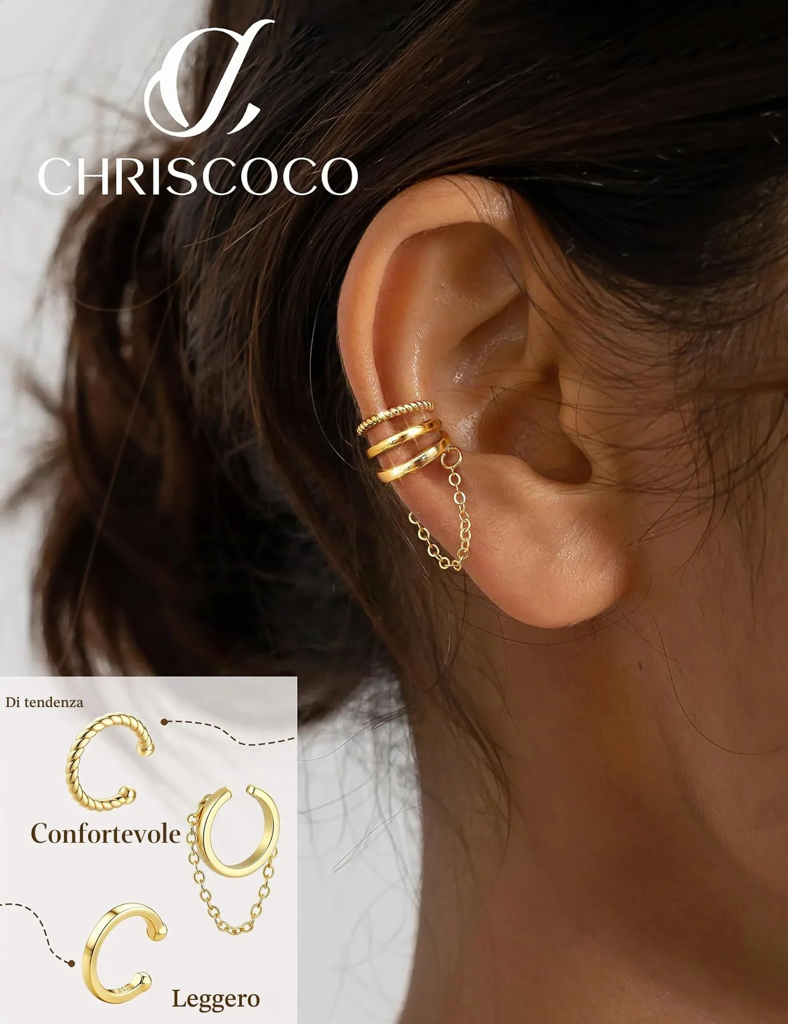 Chriscoco 3Pcs Ear Cuff Argento 925 Orecchini Senza Buco Donna Regolabile - immagine 4