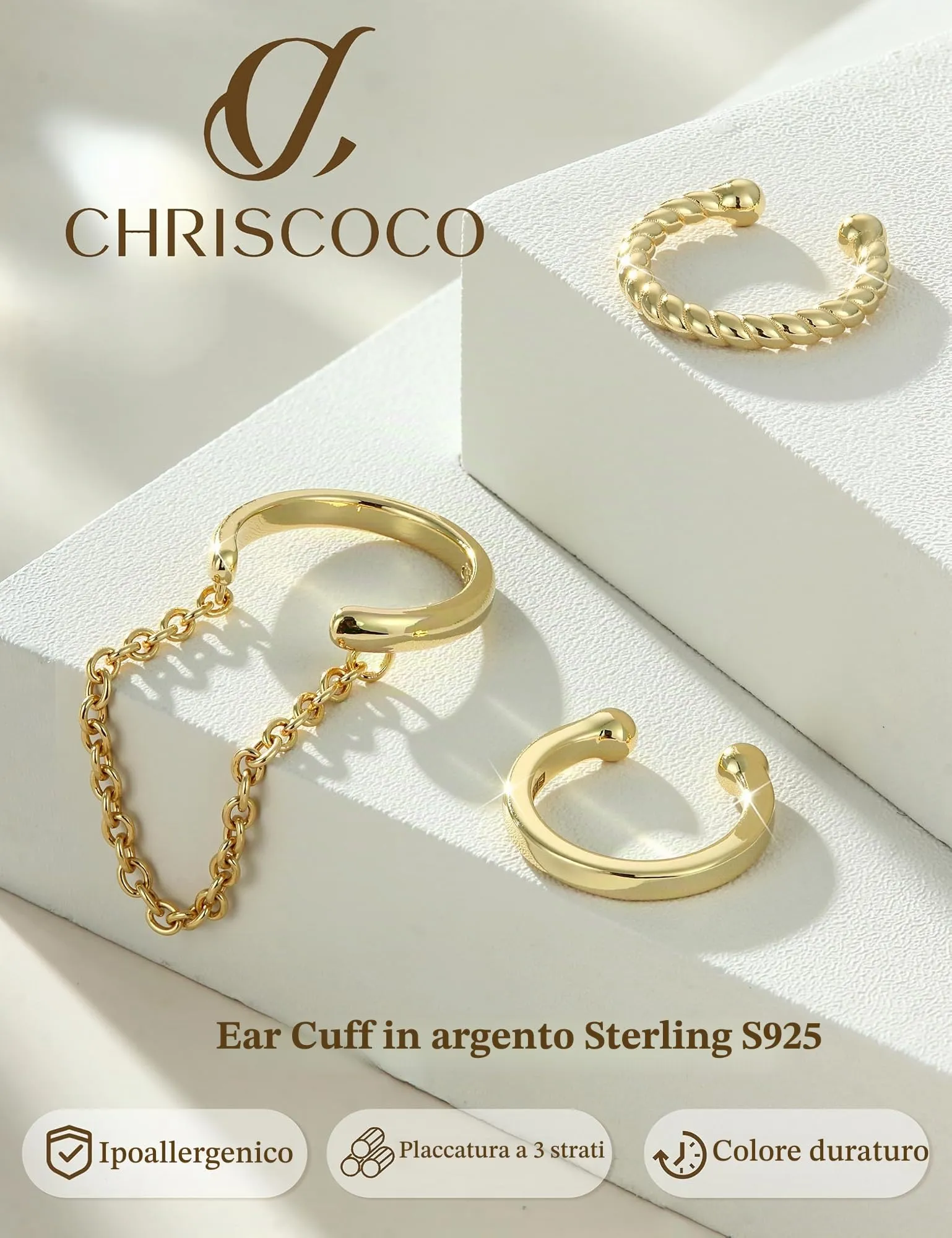 Chriscoco 3Pcs Ear Cuff Argento 925 Orecchini Senza Buco Donna Regolabile - immagine 6