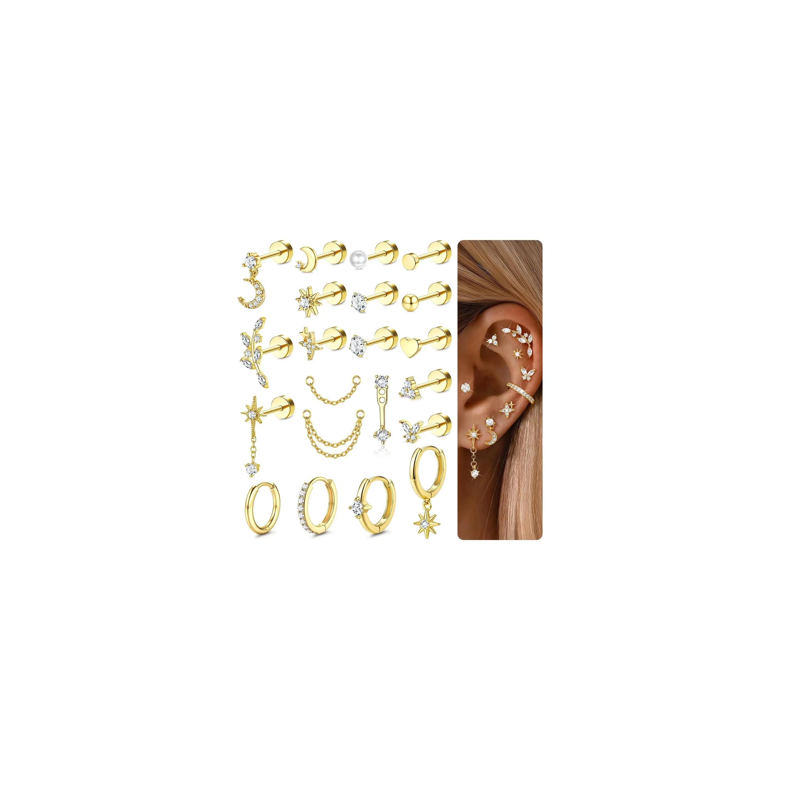 CASSIECA 21Pcs Orecchini Donna Acciaio Inossidabile Piercing Orecchio Helix - immagine 1