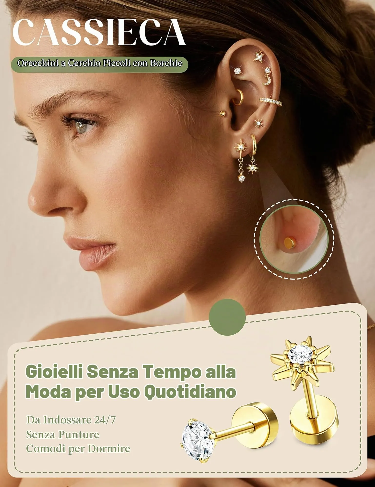 CASSIECA 21Pcs Orecchini Donna Acciaio Inossidabile Piercing Orecchio Helix - immagine 3