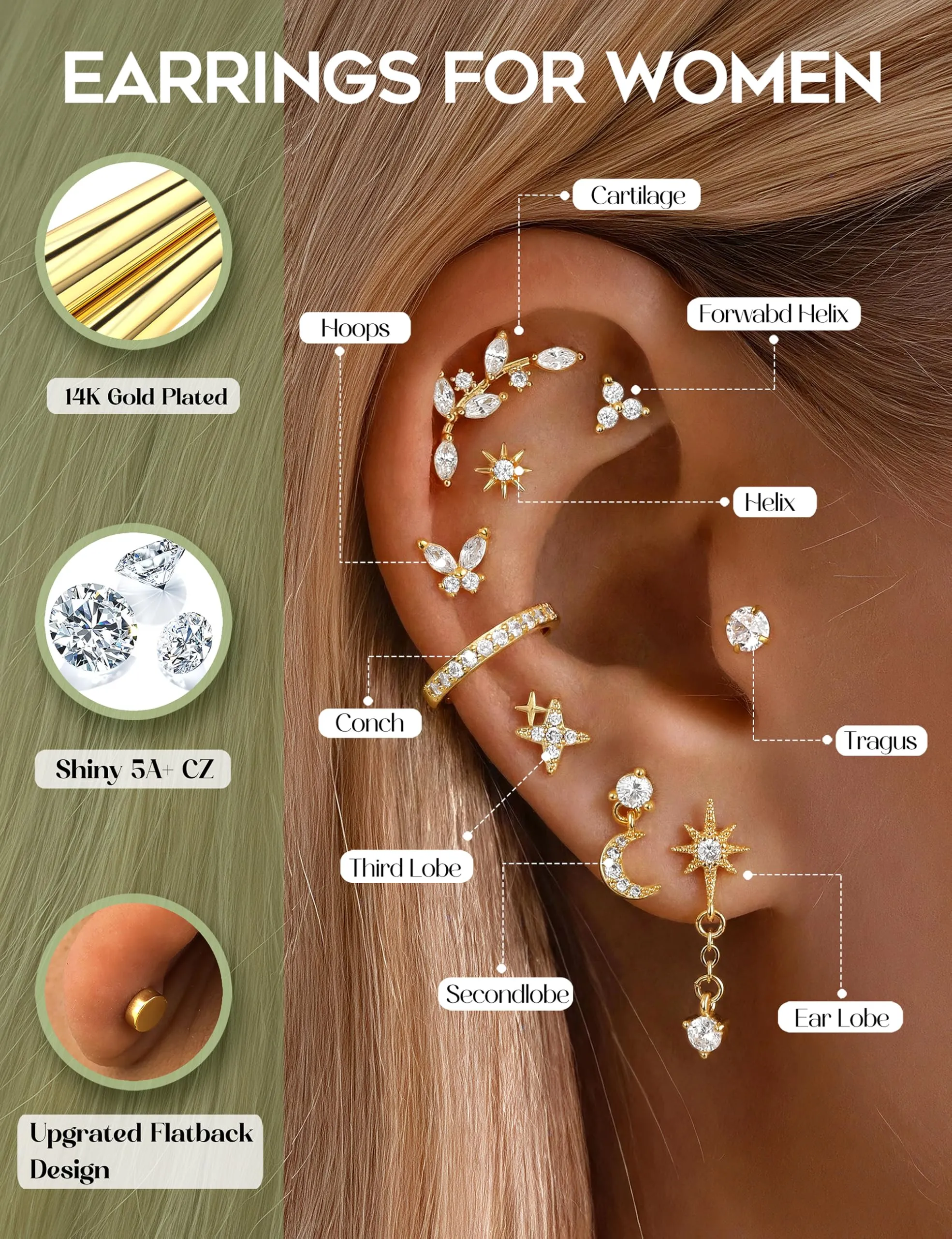CASSIECA 21Pcs Orecchini Donna Acciaio Inossidabile Piercing Orecchio Helix - immagine 5