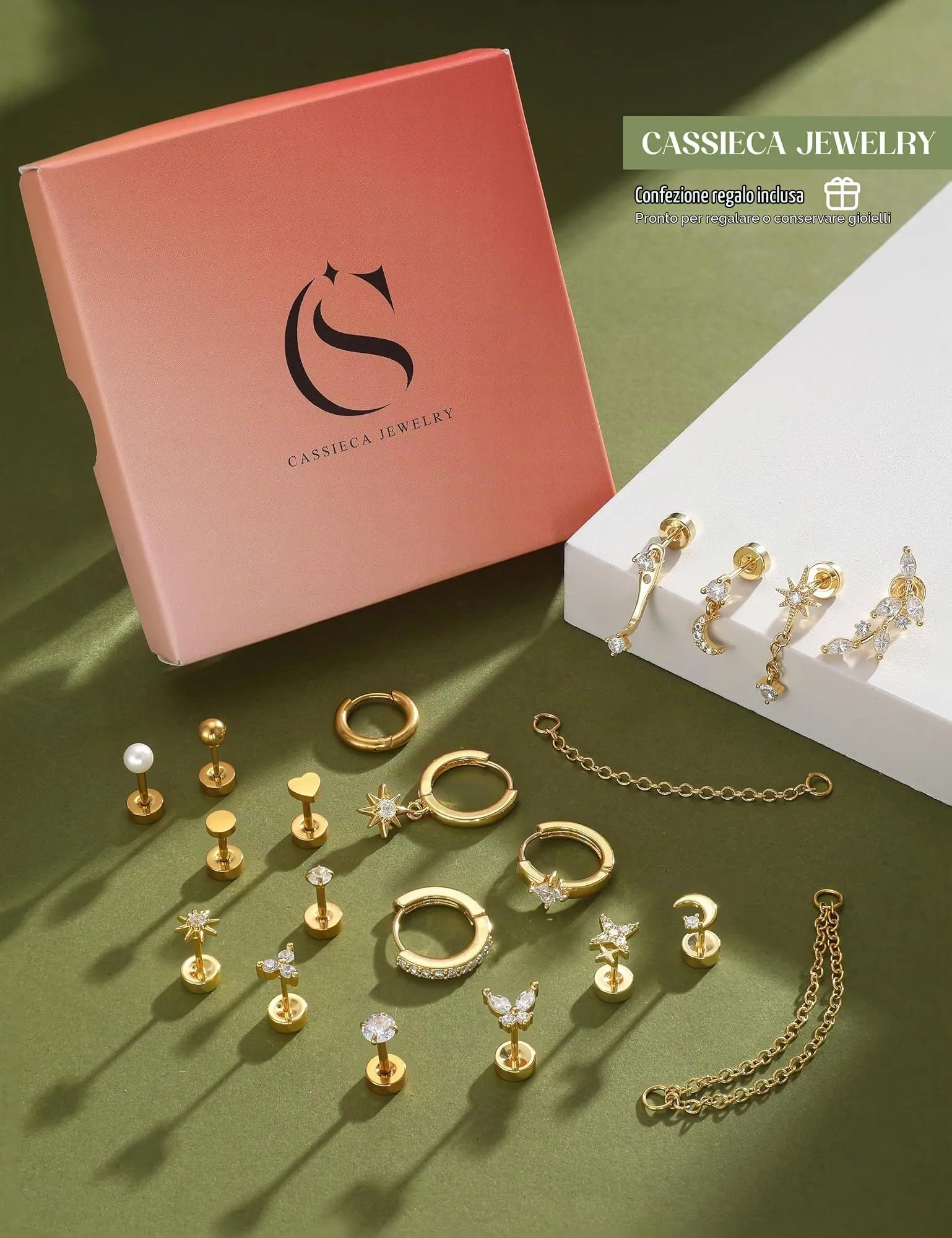 CASSIECA 21Pcs Orecchini Donna Acciaio Inossidabile Piercing Orecchio Helix - immagine 6