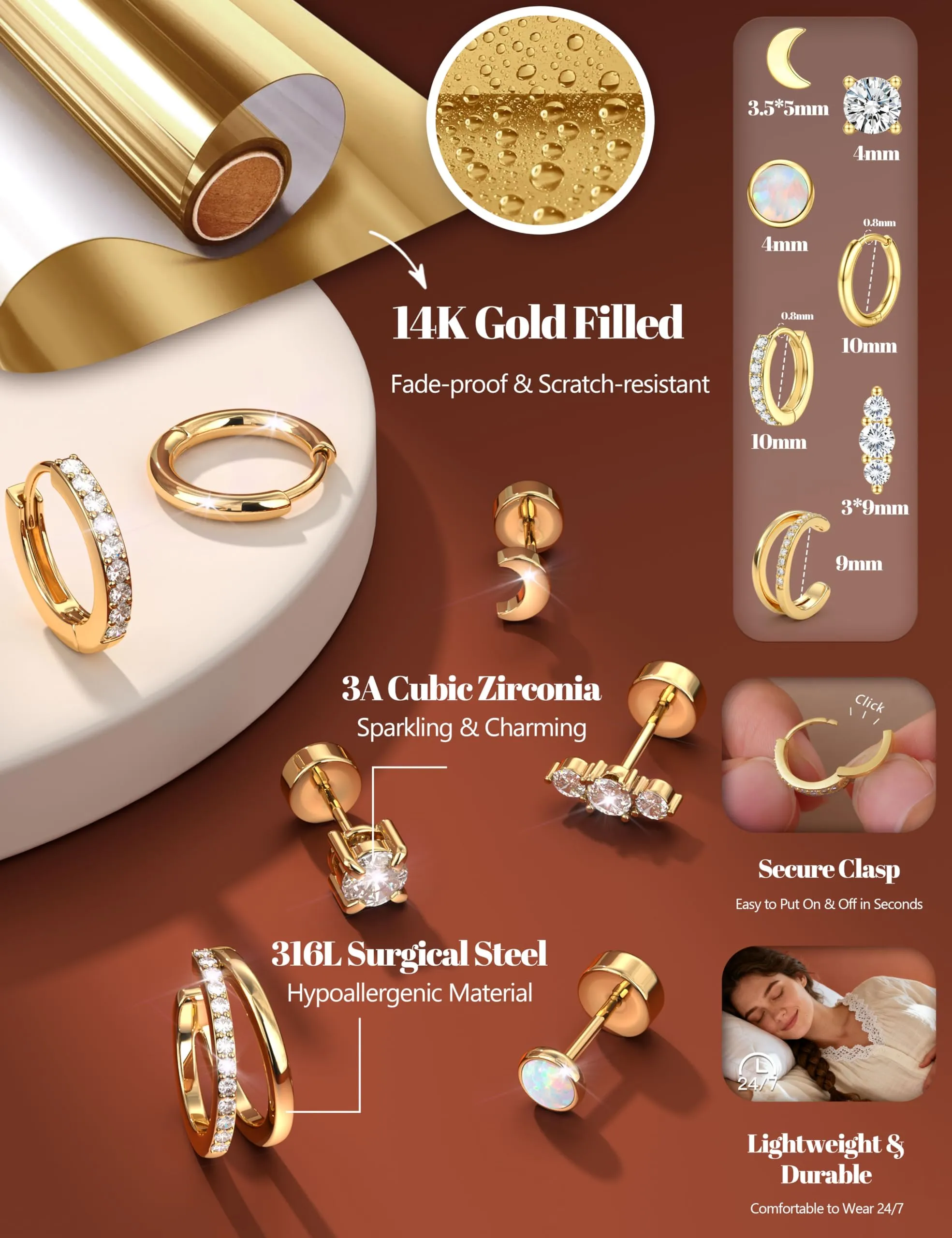 Diamday 5/7 Paia Orecchini Donna Placcato 14K Set Orecchini - immagine 3