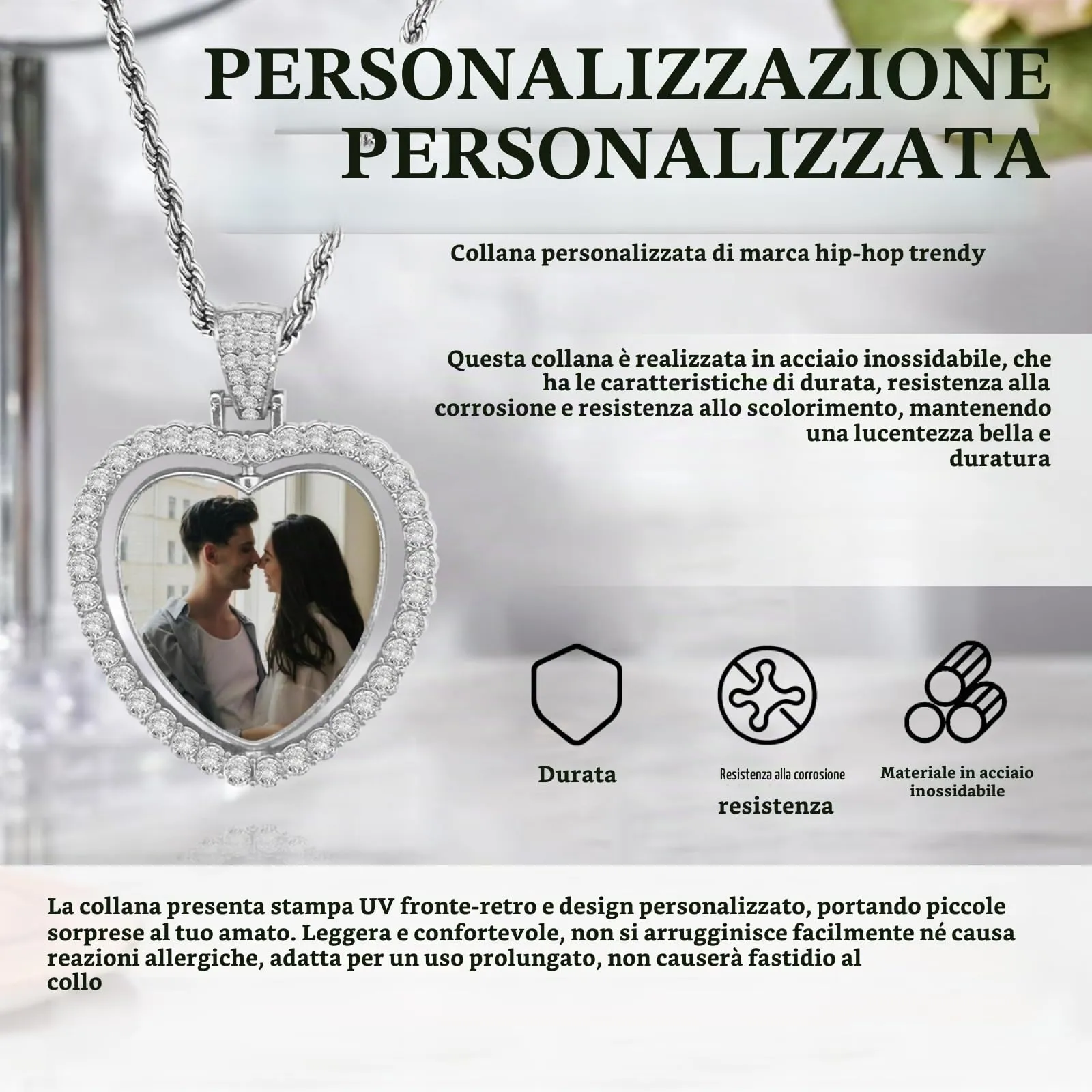 Regali personalizzati - Ciondolo personalizzato Collana personalizzata con foto acciaio inossidabile collana nome personalizzabile gioielli per Donna amica compleanno anniversario e Natale - immagine 7