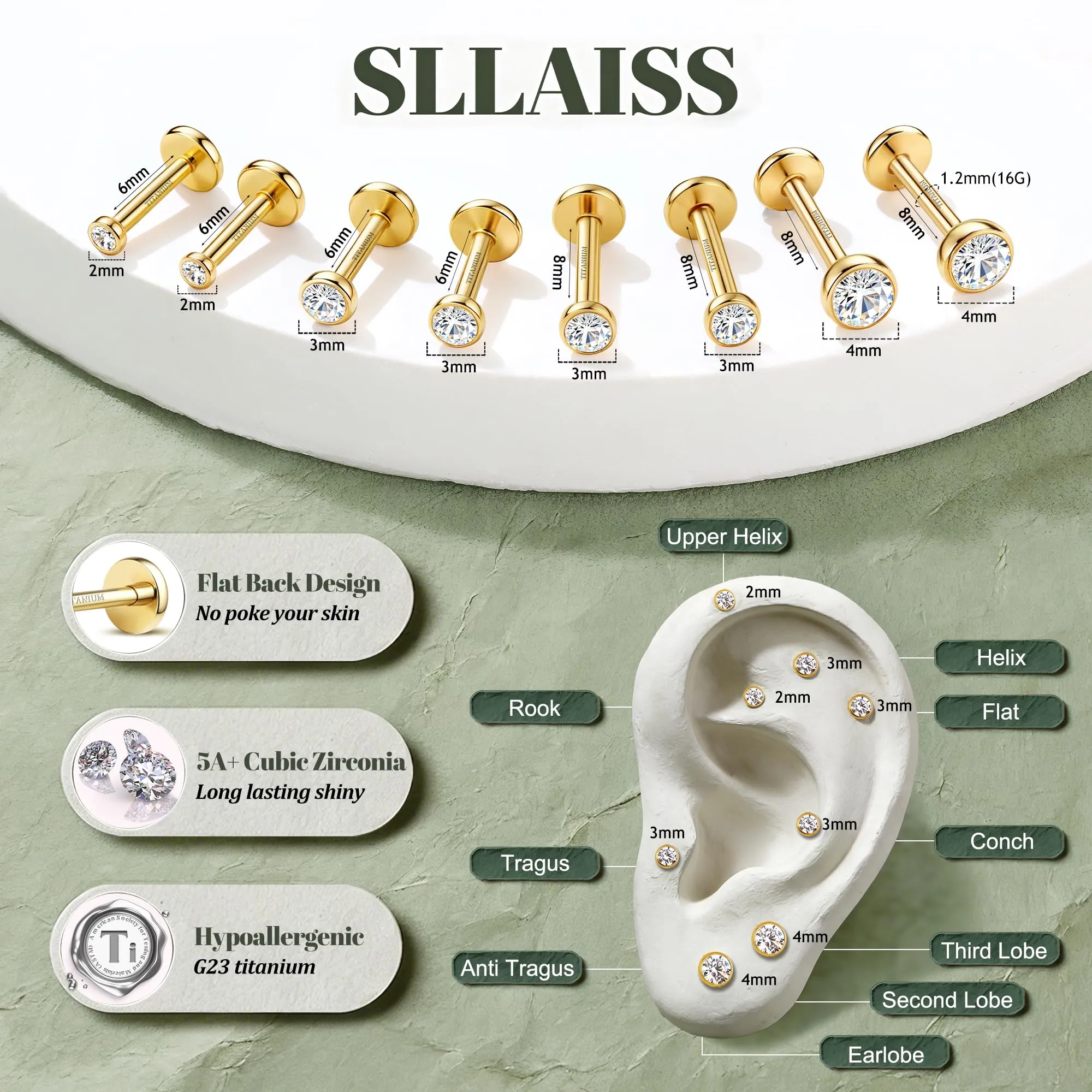 SLLAISS 4 Paia Piercing Tragus Orecchini Titanio G23 Piercing Helix - immagine 2