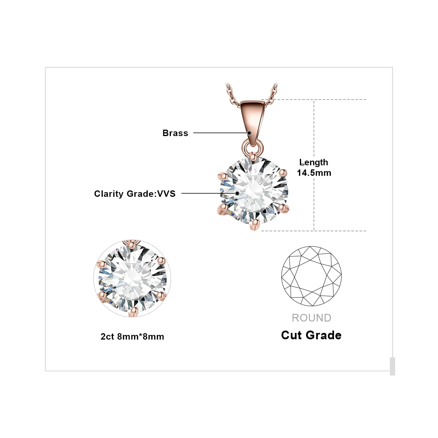JewelryPalace 2ct Collana Solitario Donna placcato oro rosso 14K con Cubica Zirconia, Collana Ciondolo Pietra a Taglio Rotondo con Catena Maglia 45cm, Collane Pendenti in Oro Rosa Set Gioielli Donna - immagine 2