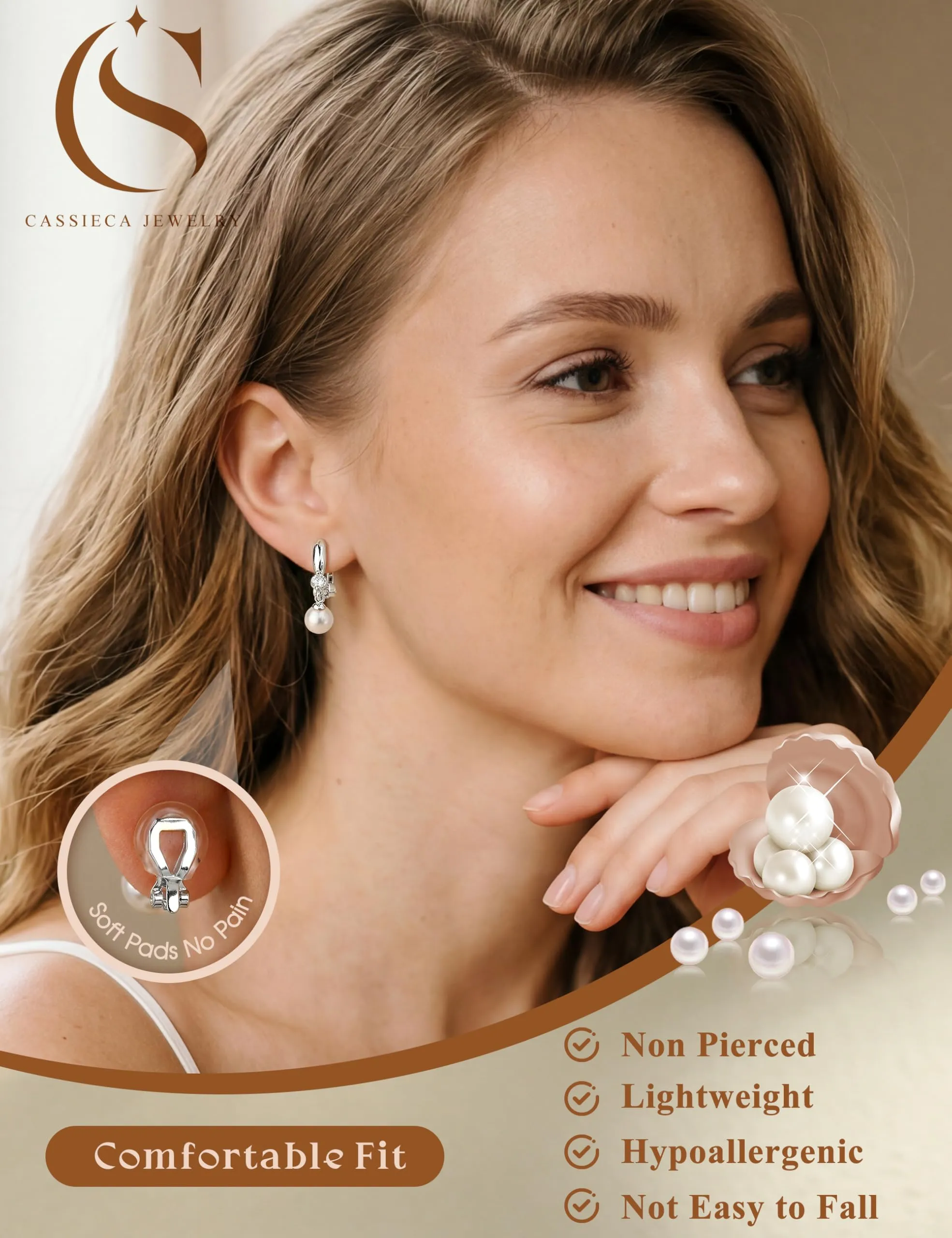 CASSIECA Orecchini Clip Donna Orecchini Shell-Perles Senza Buco per Donna - immagine 3