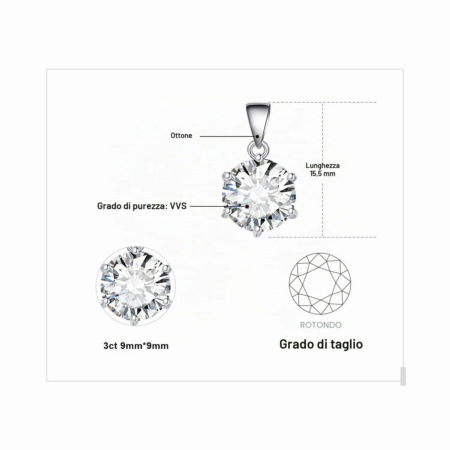JewelryPalace 3ct Collana Solitario Donna placcato oro bianco 14K con Cubica Zirconia, Collana Ciondolo Pietra a Taglio Rotondo con Catena Veneziana 45cm, Collane Pendenti Set Gioielli Donna - immagine 2