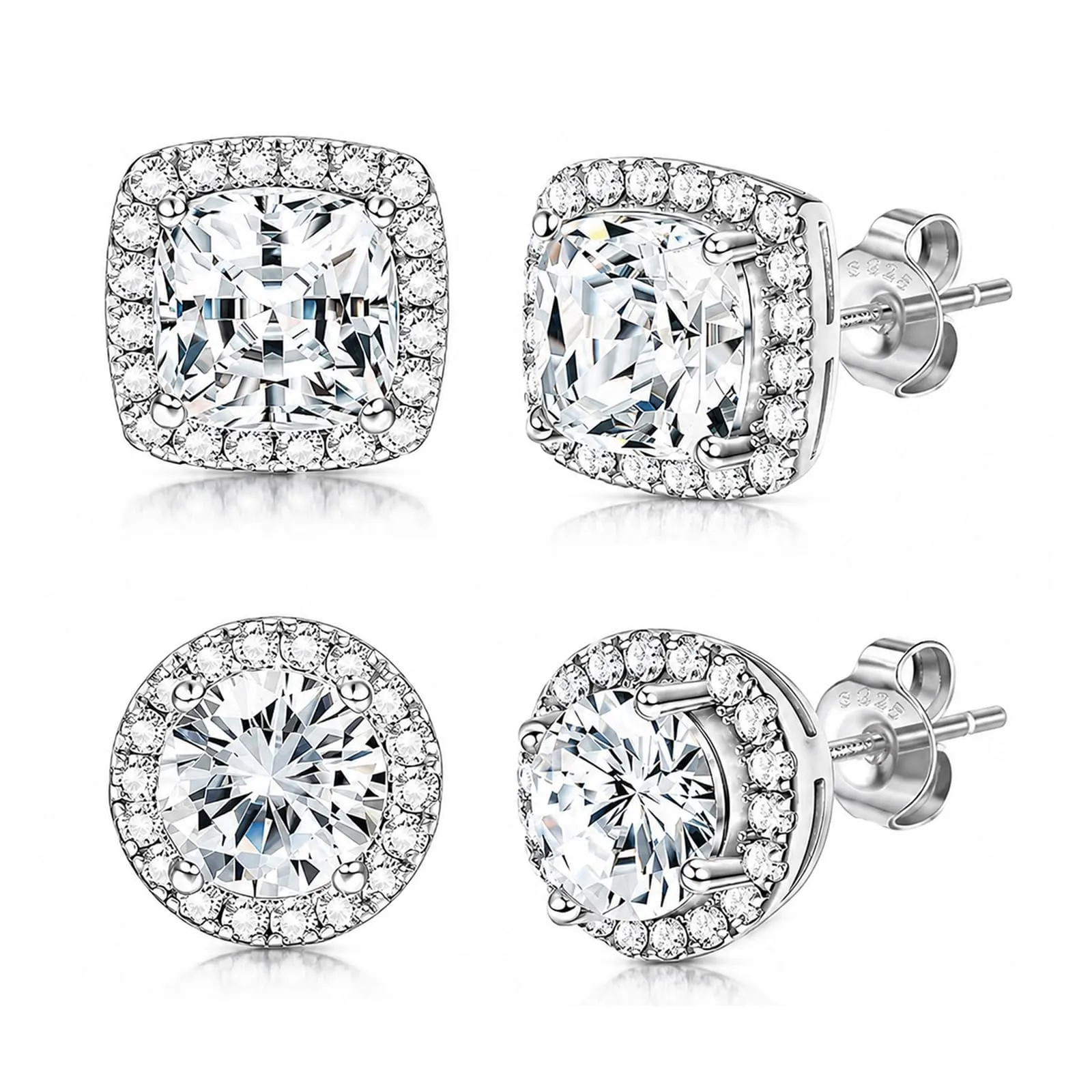 CUEMOON 2 Paia Orecchini Argento Sterling 925 Uomo Donna Diamante Zirconi Cubici | Orecchini Quadrati Rotondi Brillantino Set Orecchino a Lobo Ipoallergenici Placcati Oro 14K Simulato Halo Argento - immagine 1
