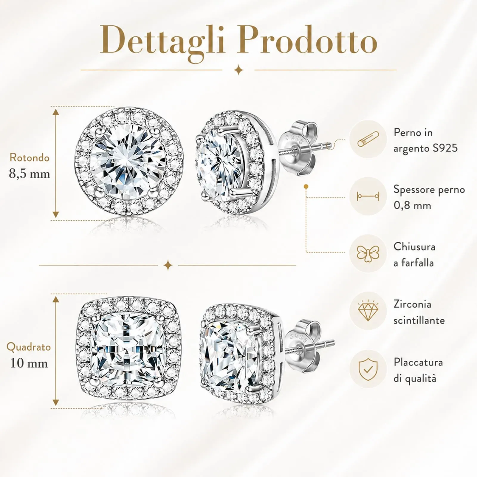 CUEMOON 2 Paia Orecchini Argento Sterling 925 Uomo Donna Diamante Zirconi Cubici | Orecchini Quadrati Rotondi Brillantino Set Orecchino a Lobo Ipoallergenici Placcati Oro 14K Simulato Halo Argento - immagine 2