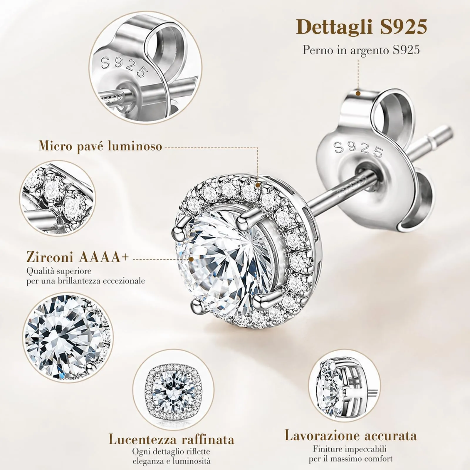 CUEMOON 2 Paia Orecchini Argento Sterling 925 Uomo Donna Diamante Zirconi Cubici | Orecchini Quadrati Rotondi Brillantino Set Orecchino a Lobo Ipoallergenici Placcati Oro 14K Simulato Halo Argento - immagine 3