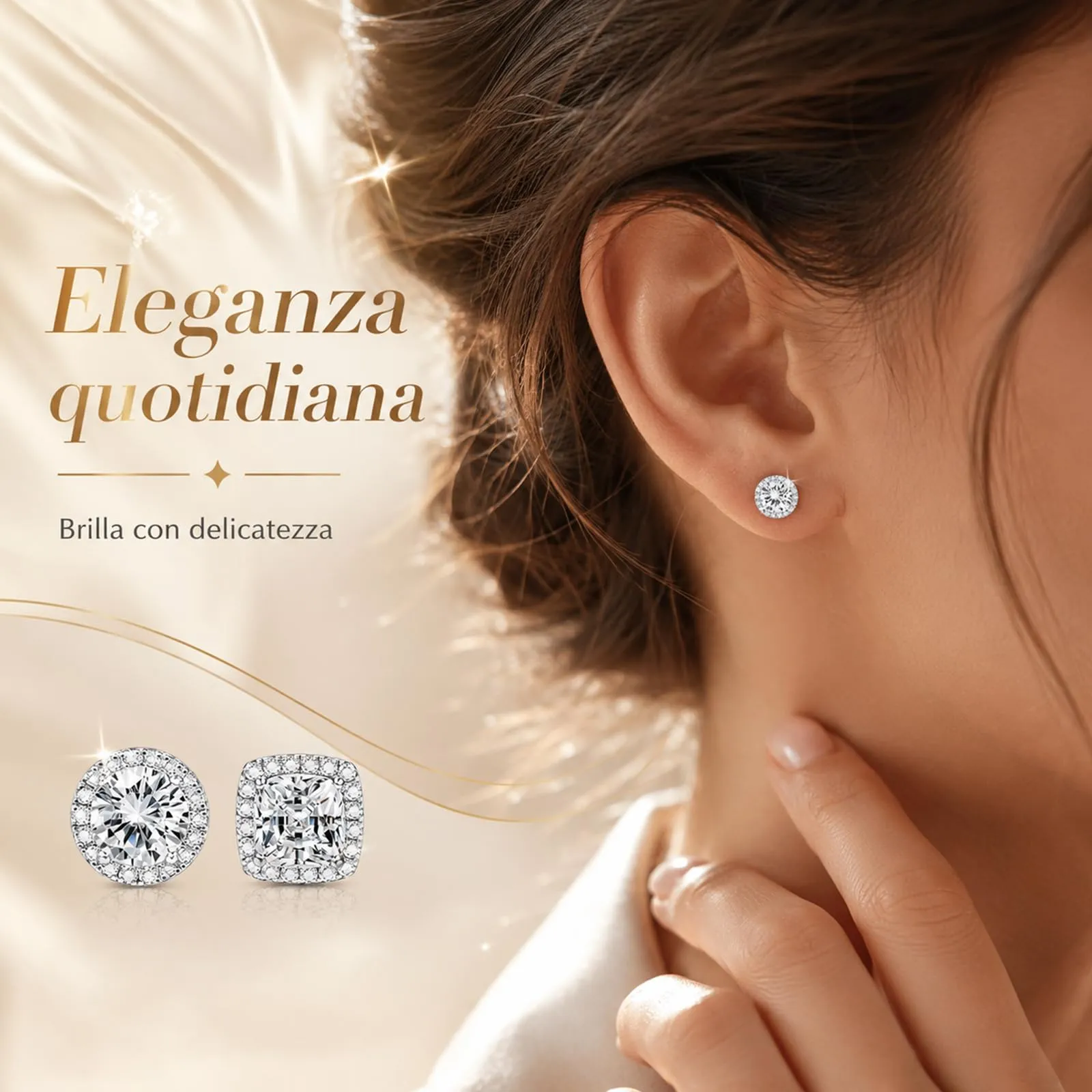 CUEMOON 2 Paia Orecchini Argento Sterling 925 Uomo Donna Diamante Zirconi Cubici | Orecchini Quadrati Rotondi Brillantino Set Orecchino a Lobo Ipoallergenici Placcati Oro 14K Simulato Halo Argento - immagine 5