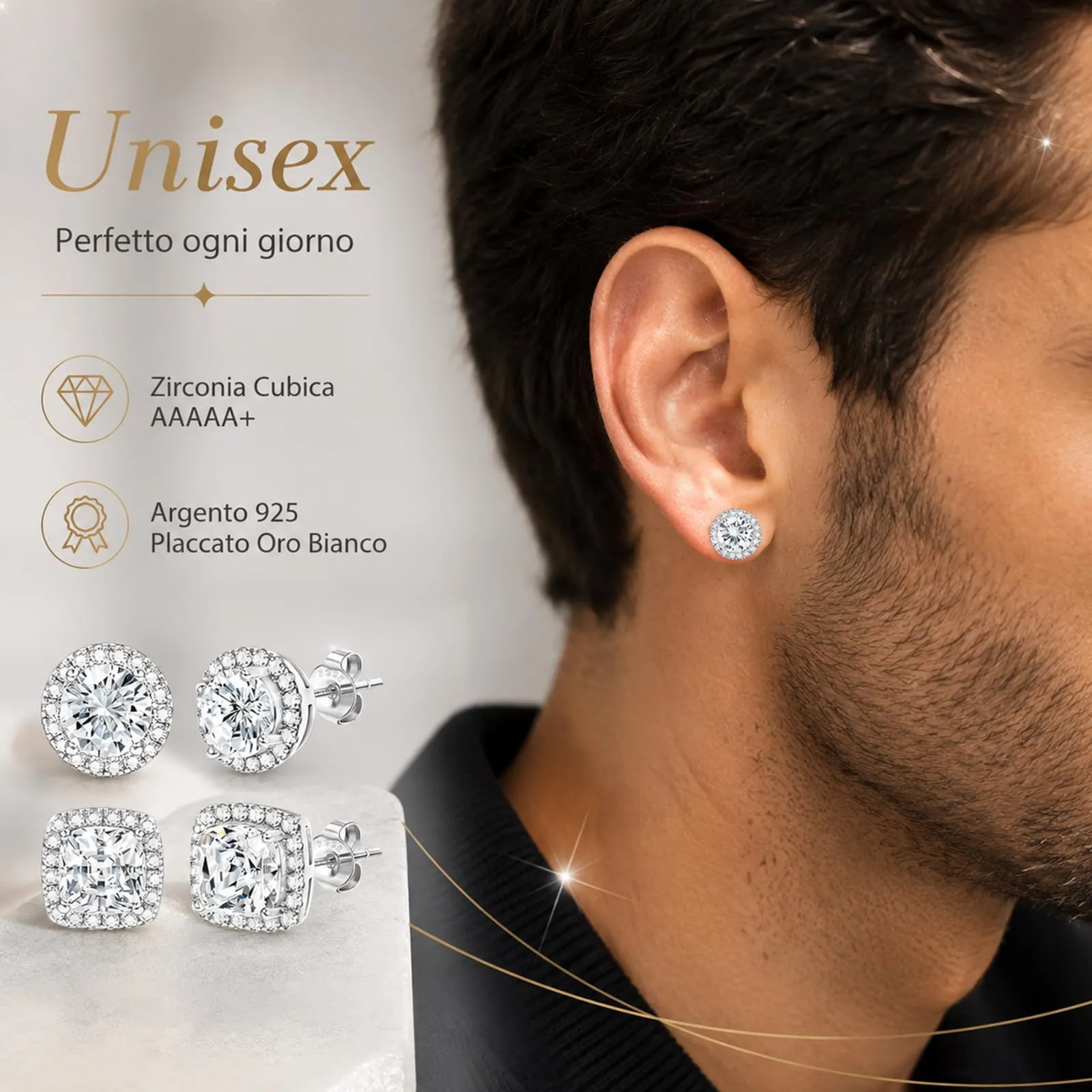 CUEMOON 2 Paia Orecchini Argento Sterling 925 Uomo Donna Diamante Zirconi Cubici | Orecchini Quadrati Rotondi Brillantino Set Orecchino a Lobo Ipoallergenici Placcati Oro 14K Simulato Halo Argento - immagine 6