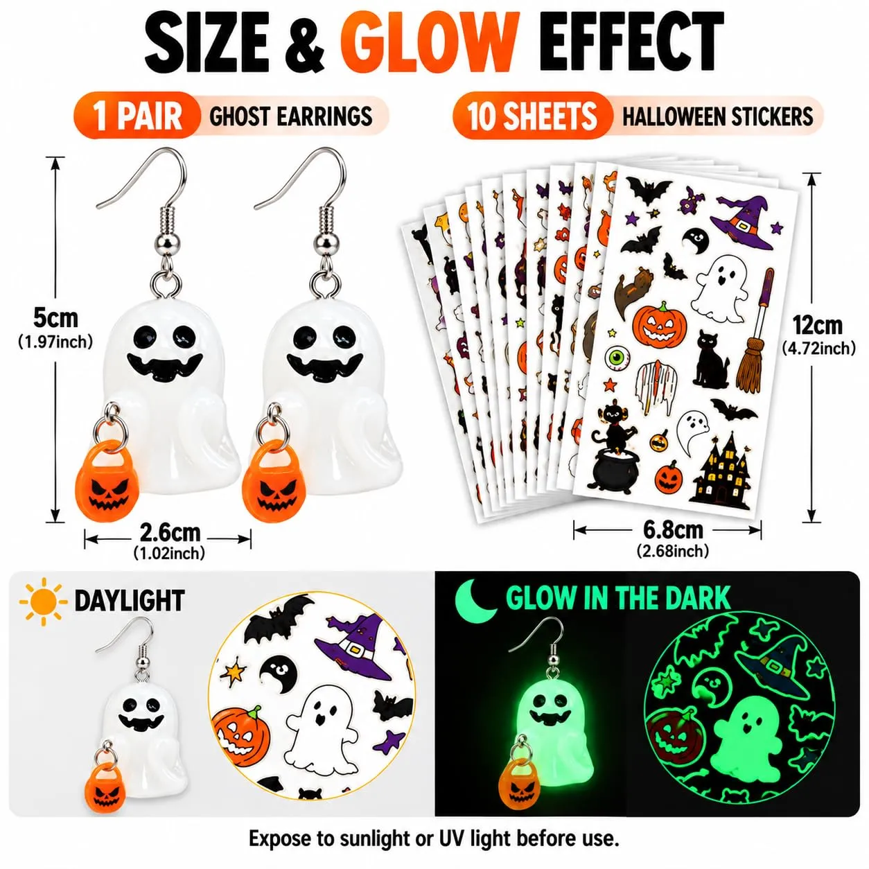 JOVYTH 1 Paio Orecchini Halloween Donna, Orecchini Fantasma Luminosi con Zucca Arancione, Glow in the Dark, Gioielli Halloween Donna, Accessori per Costume HalloweenN, Carnevale e Feste in Maschera - immagine 2