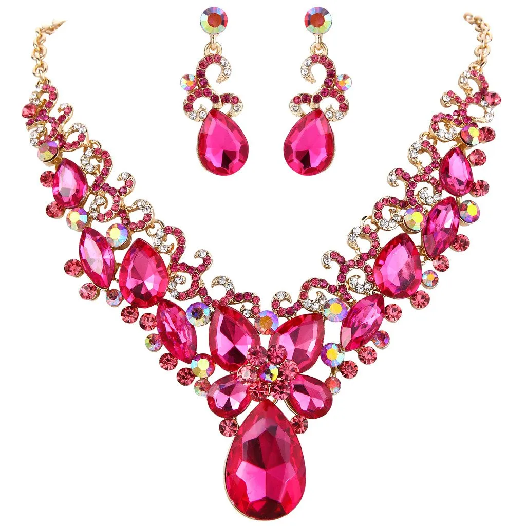 Clearine Donna Parure gioielli-Boemo Boho lacrima Marquise Farfalla Filigrana Collana Ciondola gli orecchini Set Fucsia Oro-fondo - immagine 1