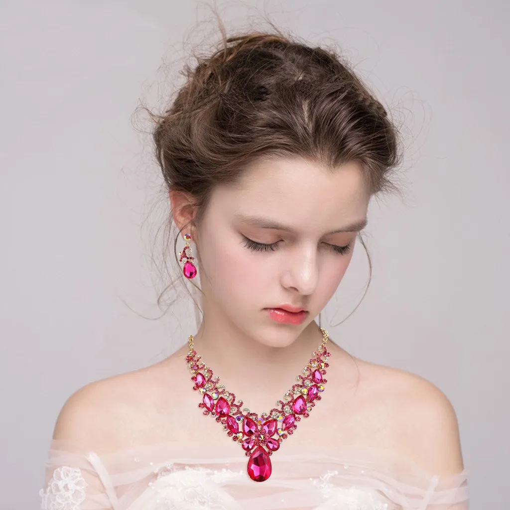 Clearine Donna Parure gioielli-Boemo Boho lacrima Marquise Farfalla Filigrana Collana Ciondola gli orecchini Set Fucsia Oro-fondo - immagine 2