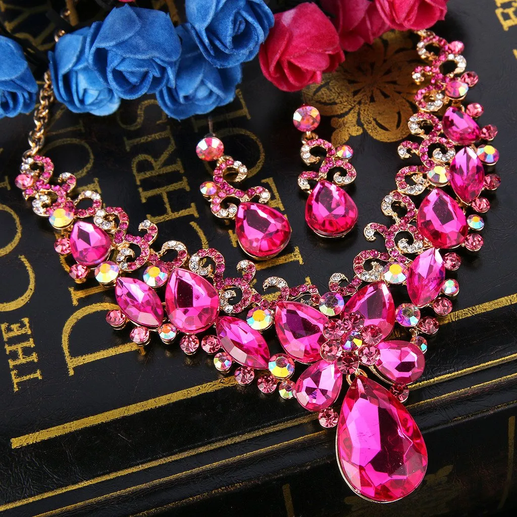 Clearine Donna Parure gioielli-Boemo Boho lacrima Marquise Farfalla Filigrana Collana Ciondola gli orecchini Set Fucsia Oro-fondo - immagine 3