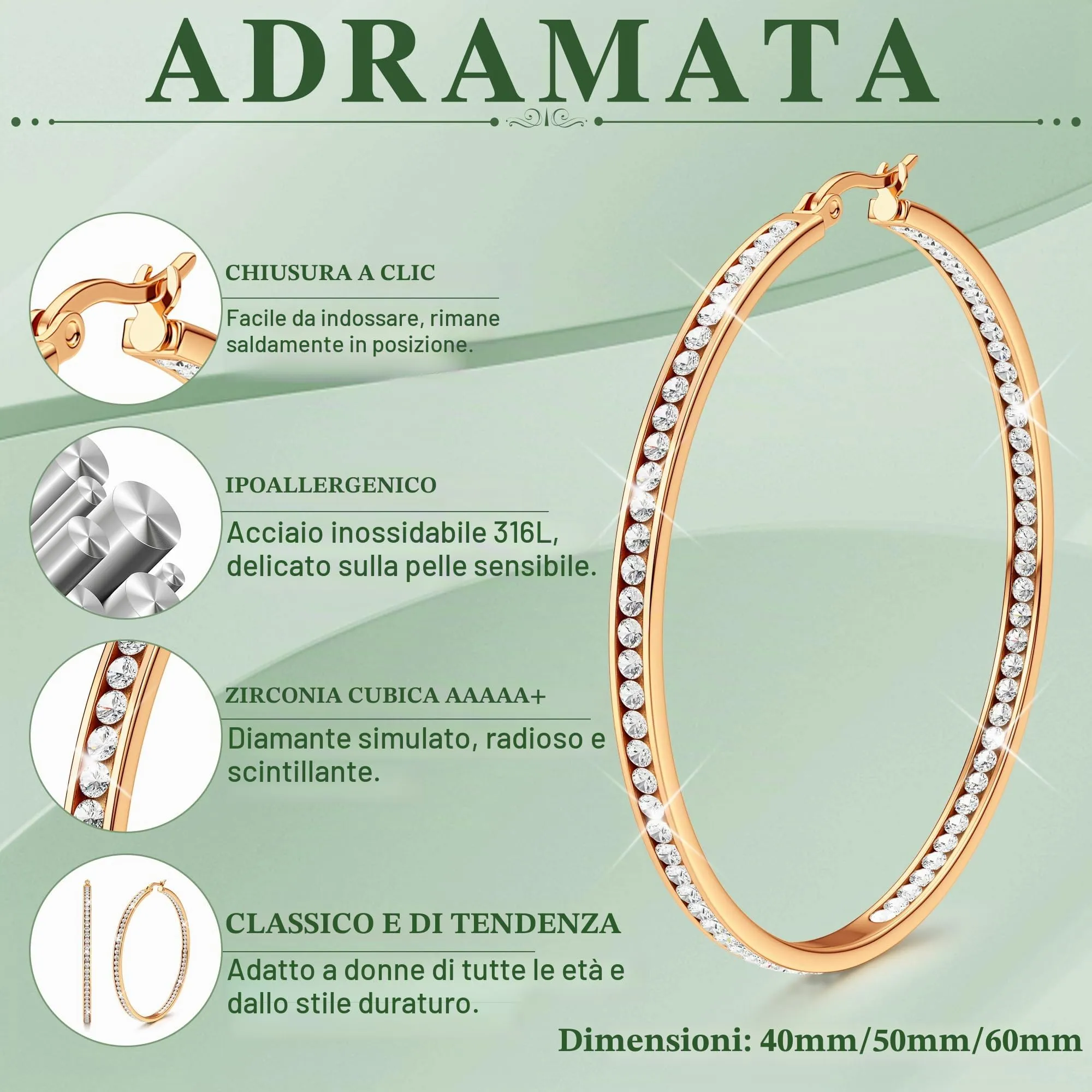 Adramata Orecchini Donna Orecchini Cerchio Zirconia Cubica Orecchino - immagine 2