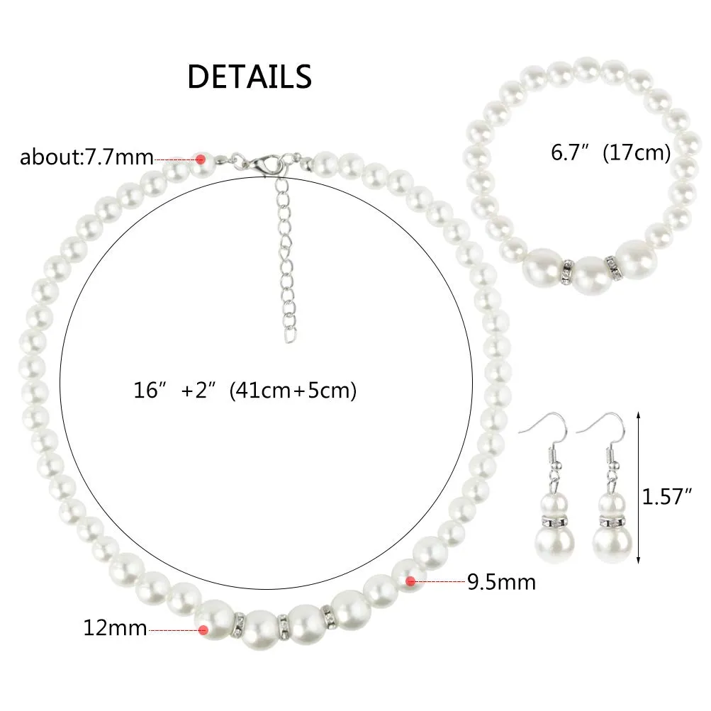 Set di gioielli con collana, braccialetto e orecchini con perle finte, da donna, per matrimoni e feste, idea regalo, colore: bianco - immagine 2