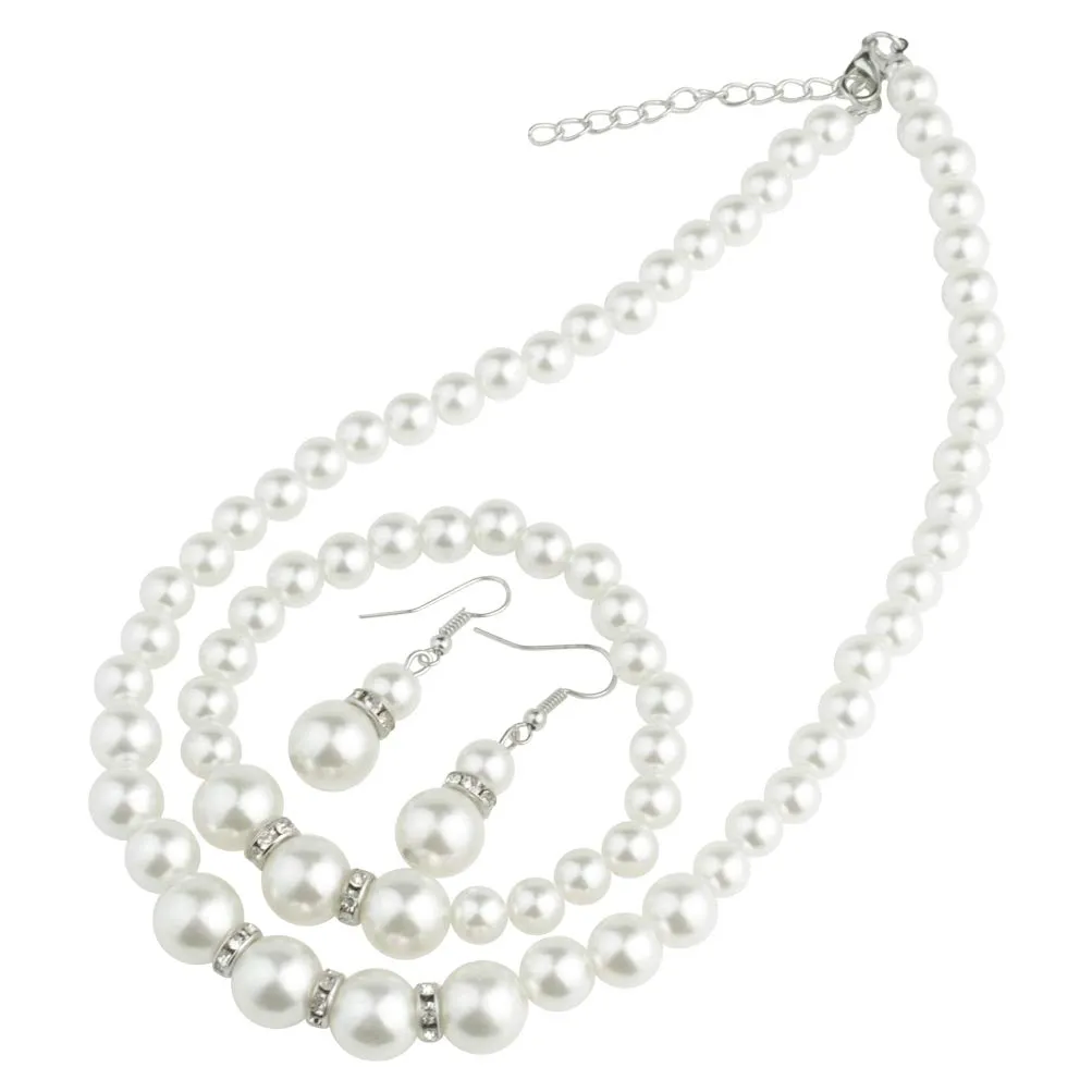 Set di gioielli con collana, braccialetto e orecchini con perle finte, da donna, per matrimoni e feste, idea regalo, colore: bianco - immagine 3