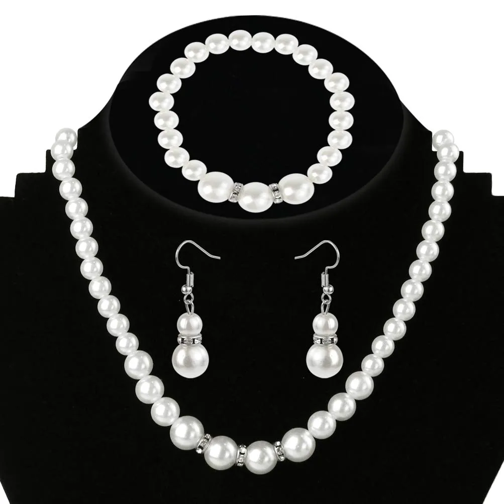 Set di gioielli con collana, braccialetto e orecchini con perle finte, da donna, per matrimoni e feste, idea regalo, colore: bianco - immagine 4