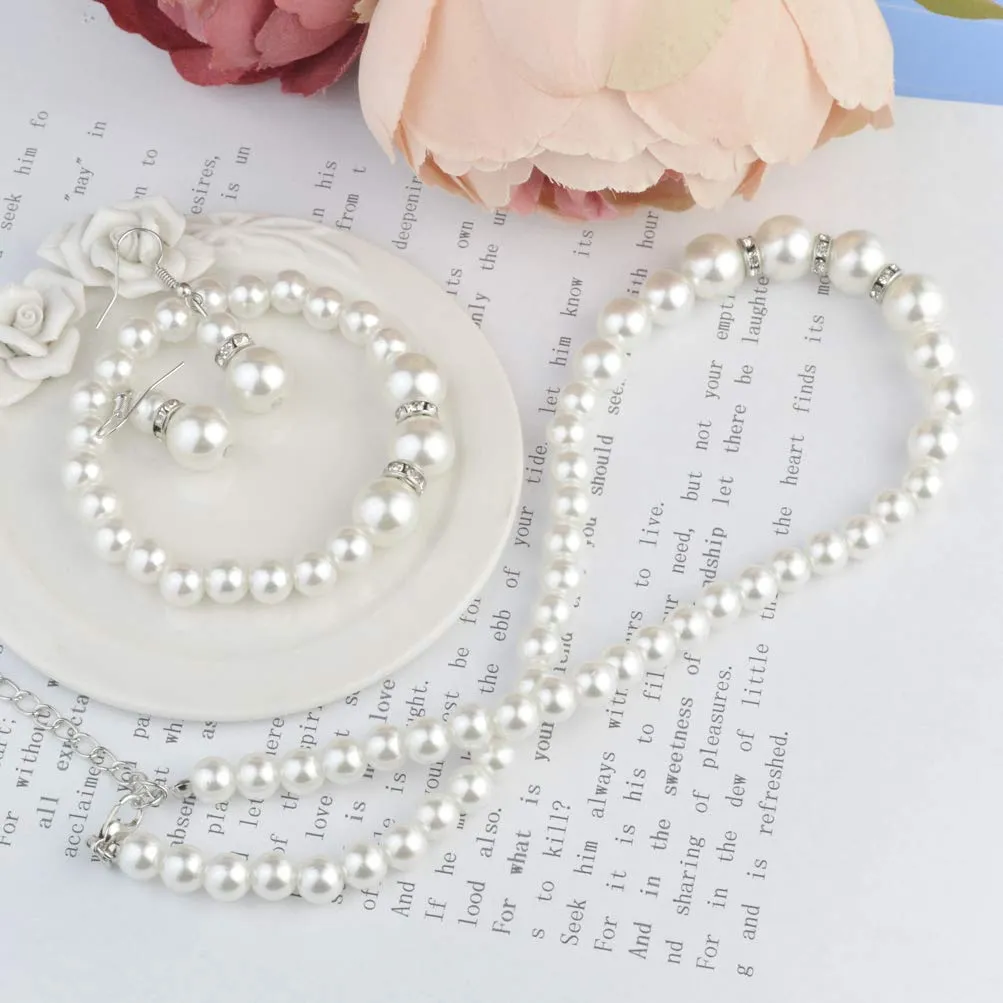 Set di gioielli con collana, braccialetto e orecchini con perle finte, da donna, per matrimoni e feste, idea regalo, colore: bianco - immagine 5