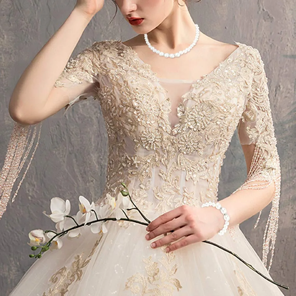 Set di gioielli con collana, braccialetto e orecchini con perle finte, da donna, per matrimoni e feste, idea regalo, colore: bianco - immagine 6
