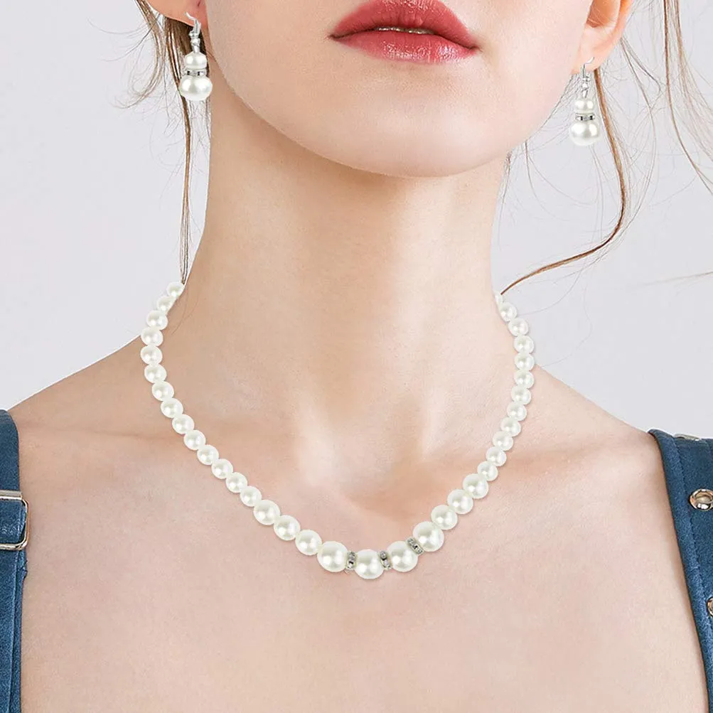 Set di gioielli con collana, braccialetto e orecchini con perle finte, da donna, per matrimoni e feste, idea regalo, colore: bianco - immagine 7