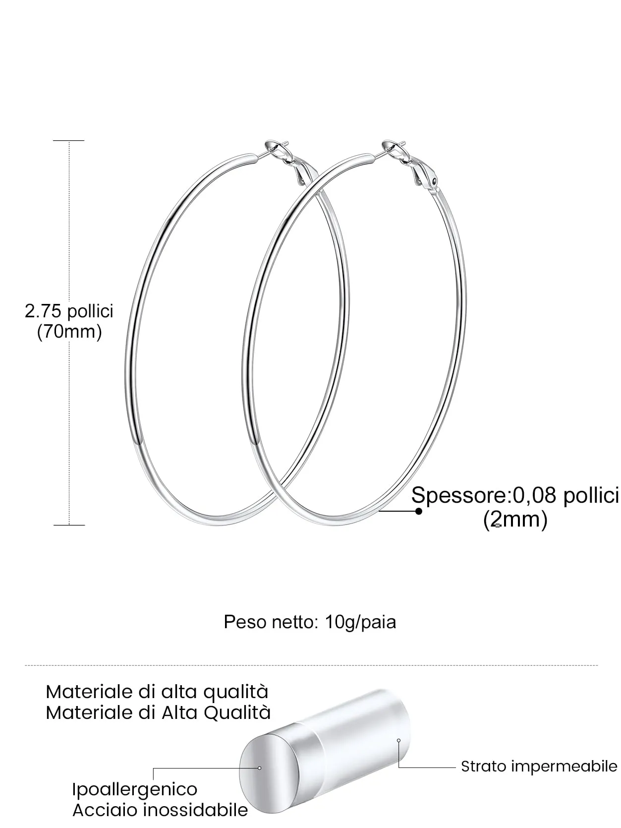 GoldChic Orecchini Cerchio Grande 70mm Argento Acciaio Inox - immagine 6