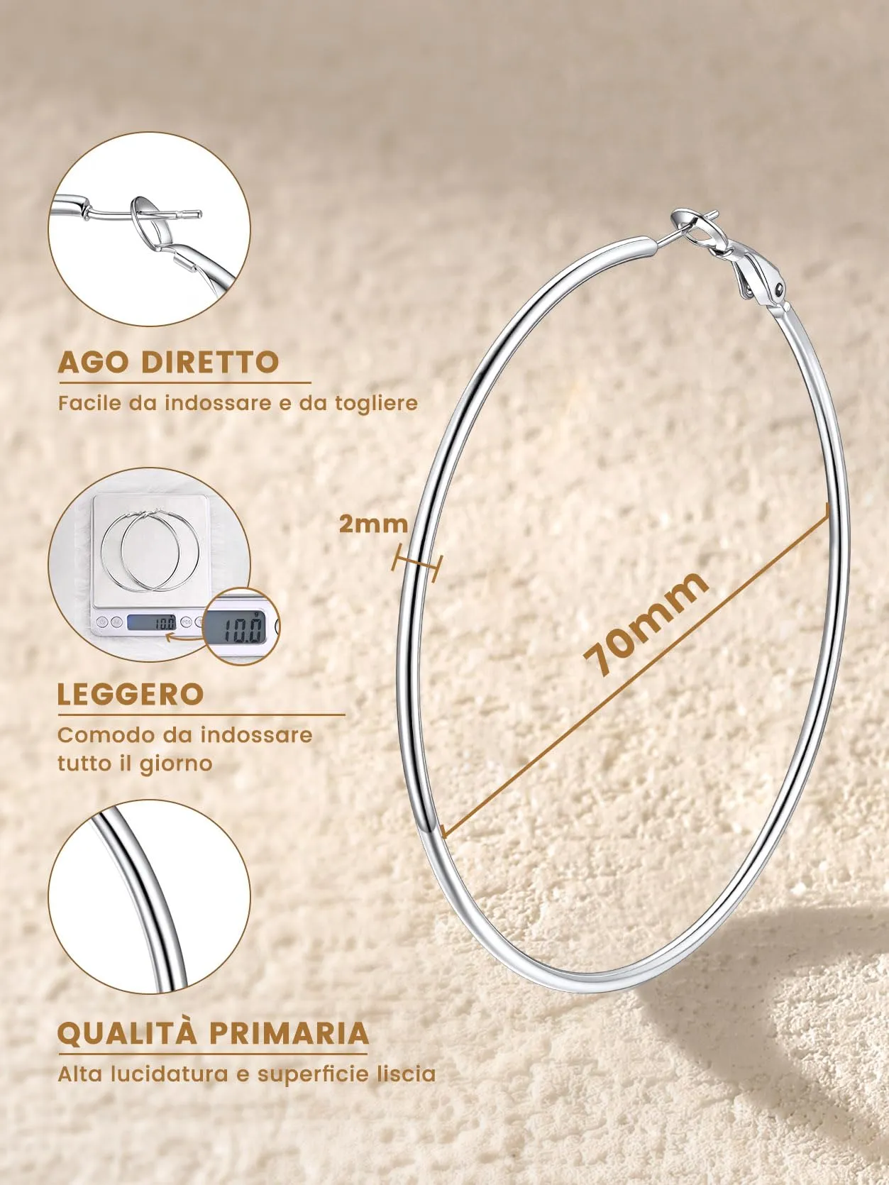 GoldChic Orecchini Cerchio Grande 70mm Argento Acciaio Inox - immagine 8