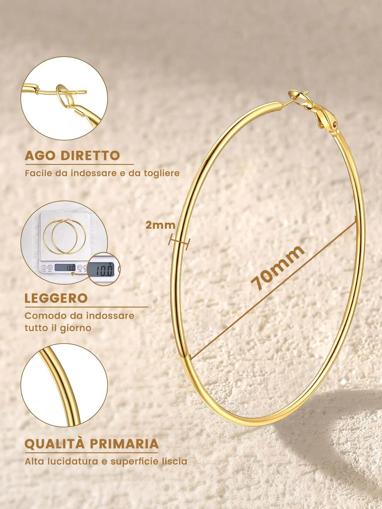 GoldChic Orecchini Cerchio Grande 70mm Oro in Acciaio Inox - immagine 7